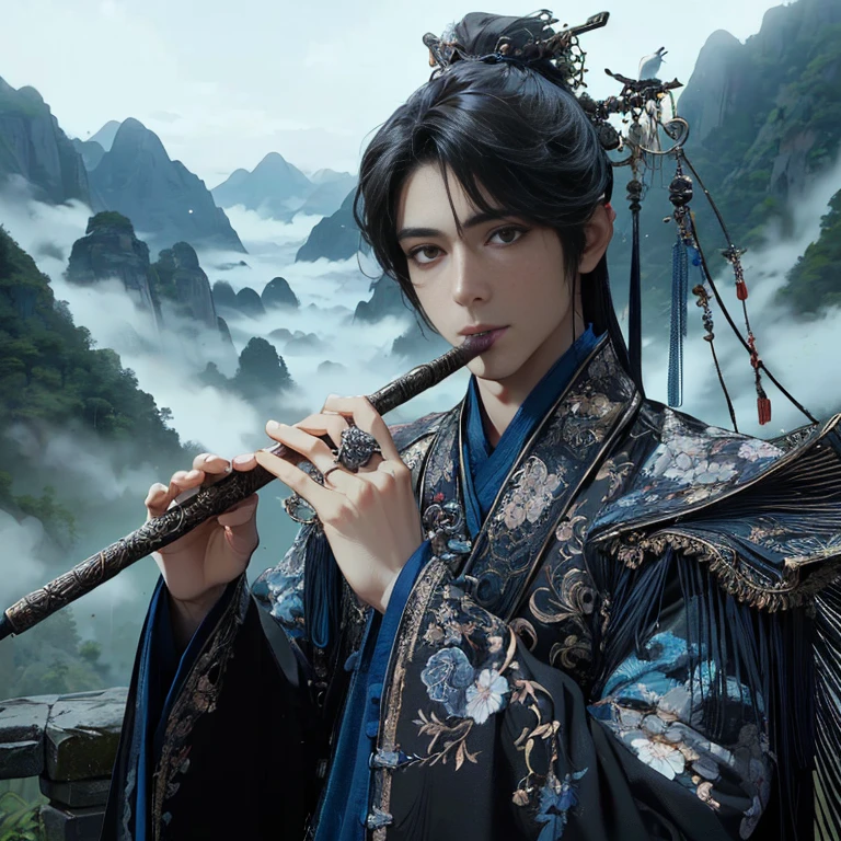 (Best Quality:1.2), (high resolution:1.2), (beautiful face and eye:1.2), (sharpest focus:1.2), (Ultra-realistic Photo:1.2), (Ultra-precise Photo:1.2), (Depth of field:1.2), (8k high resolution:1.2), (perfect :1.2), (nice hands:1.5), 
(perfect hands:1.5), (Very young and masculine and dignified and beautiful Chinese male:1.5), (Beautiful nobleman:1.0), (A beautiful nobleman:1.0), (A shiny black hermit-like garment with fancy embroidery:1.0), (A gentle smile:1.3), 
(Playing an iron flute:1.5), (A secluded hermit-like place deep in the mountains of China:1.0), (A mysterious fairyland:1.2), (Birds and animals gathered to listen to the sound of the flute:1.3), (Looking up angle:1.0), 