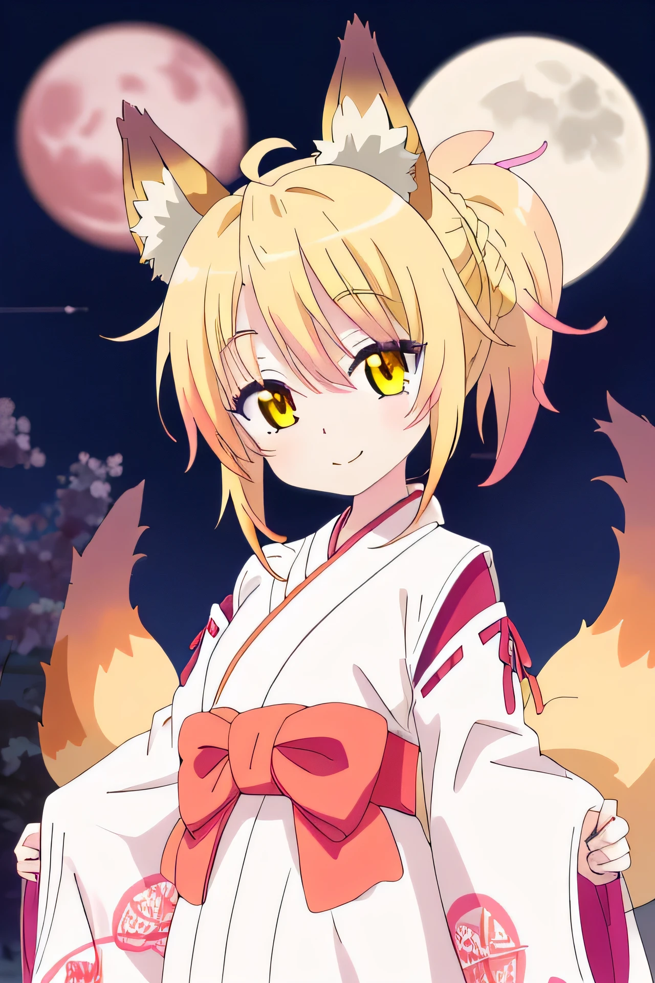 una chica kizuna muy kawaii con piel color crema, Yellow hair color and wearing a kimono with ears and multiple fox tails with her mouth closed but with a smile on her lips on a very beautiful night with the full moon