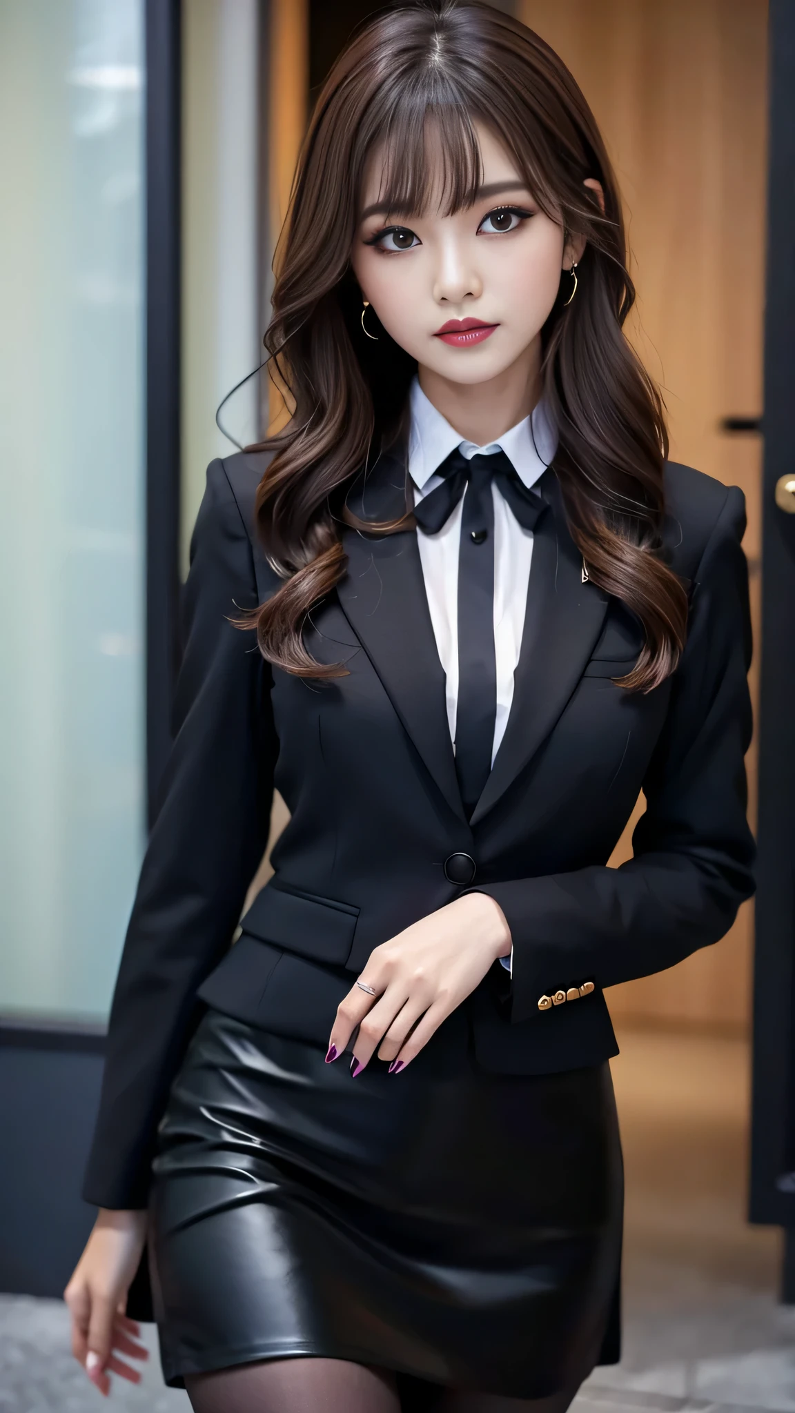 tra-detailed、Japanese、Attractive beauty、seductive adult woman、Pretty Woman、cool girl、brown hair、wavy hair、swept bangs、piercing eyes、hollow eyes、half-closed eyes、Hollow Eyes、Purple Eyeshadow、black lipstick、black lip gloss、dark makeup、smirk、Whisper in my ear、Evil expression、BREAK、Black suit、Black jacket、blouse、Black Ribbon、black tight skirt、pantyhose、Shiny beautiful legs、Evil cadres、Fallen into evil、brainwash、mind control、evil、Church at night、Swear allegiance、Are standing