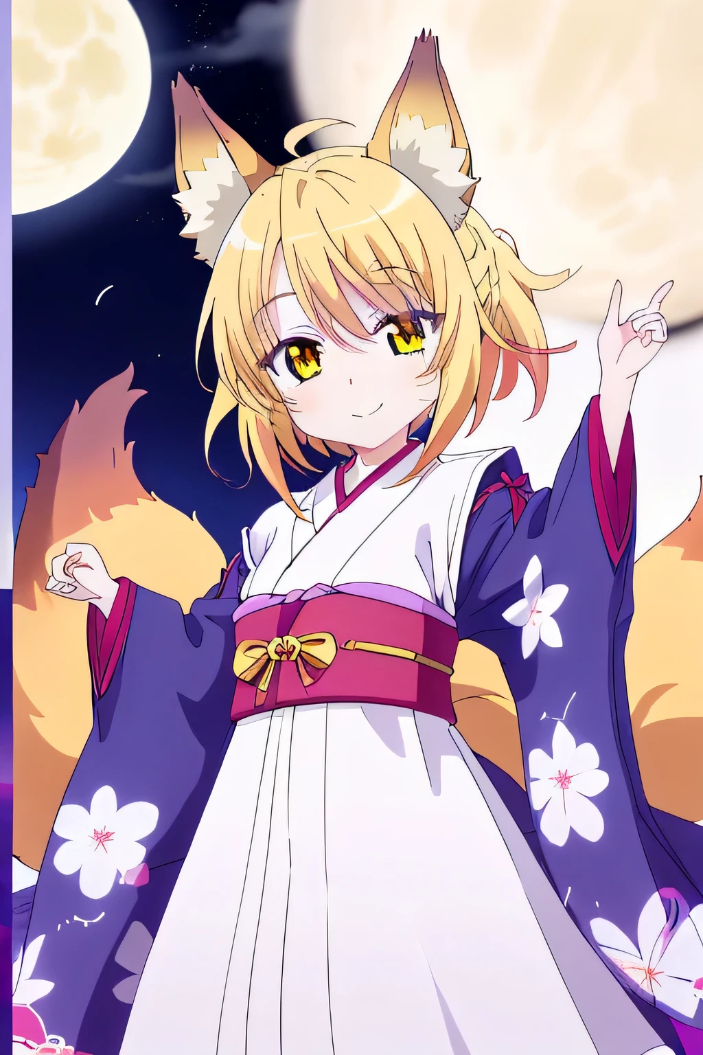 una chica kizuna muy kawaii con piel color crema, Yellow hair color and wearing a kimono with ears and multiple fox tails with her mouth closed but with a smile on her lips on a very beautiful night with the full moon