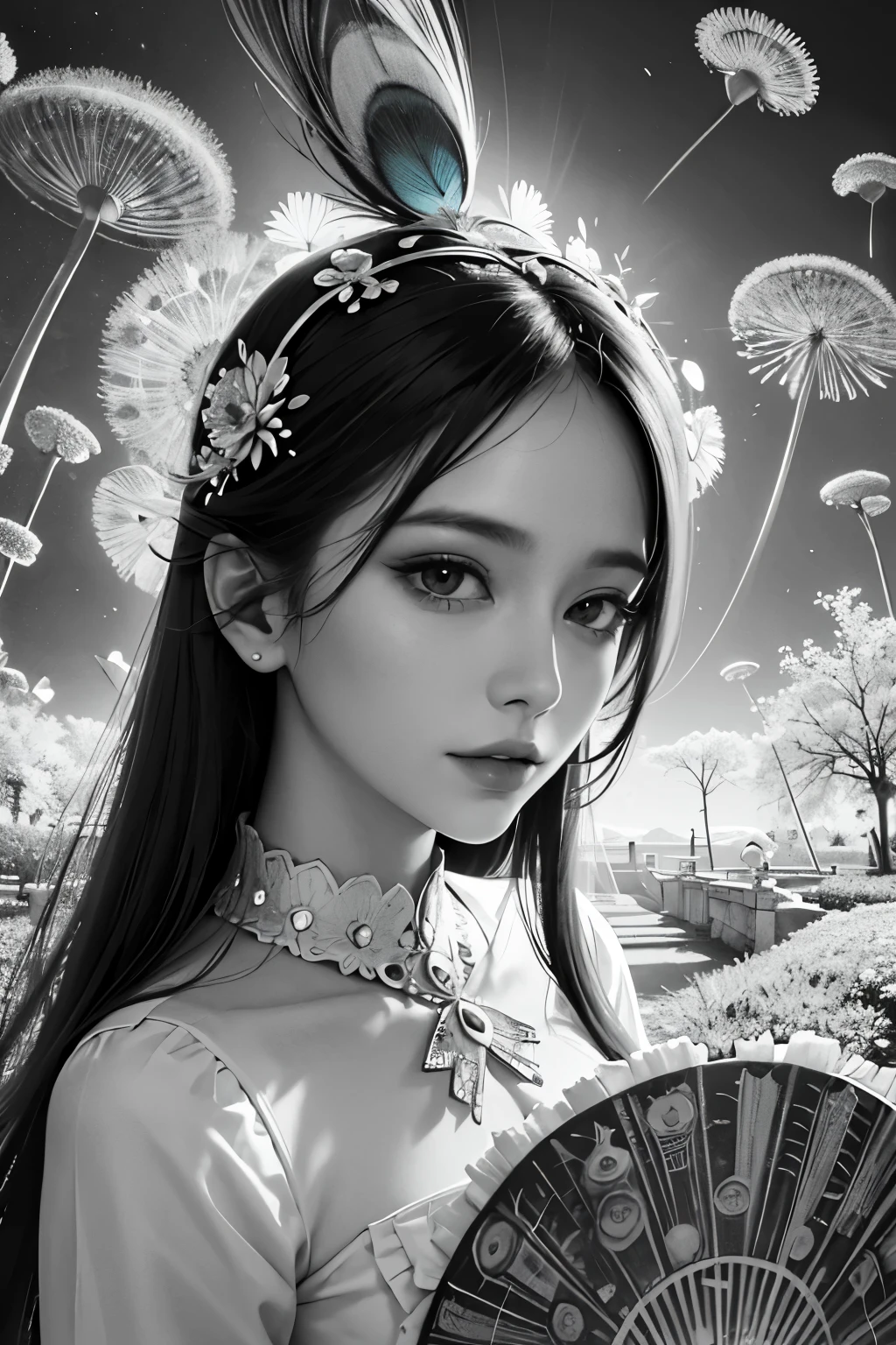 up-and-coming painting-style artwork, best quality, super fine, 16k, incredibly absurdres, extremely detailed, delicate, flashy and dynamic depiction, beautiful woman reminiscent of a peacock, dandelions and peacock cacti are flying in a spiral as they are stirred by a whirlwind, BREAK , (background monochrome garden palace:1.3)