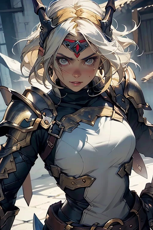 ((best quality)), ((masterpiece)), (detailed), perfect face warrior woman, beautiful, best graphics, soft lighting, golden hair, glaive in both hands, holy light shining all around, leather armor, modest, battle, fight
