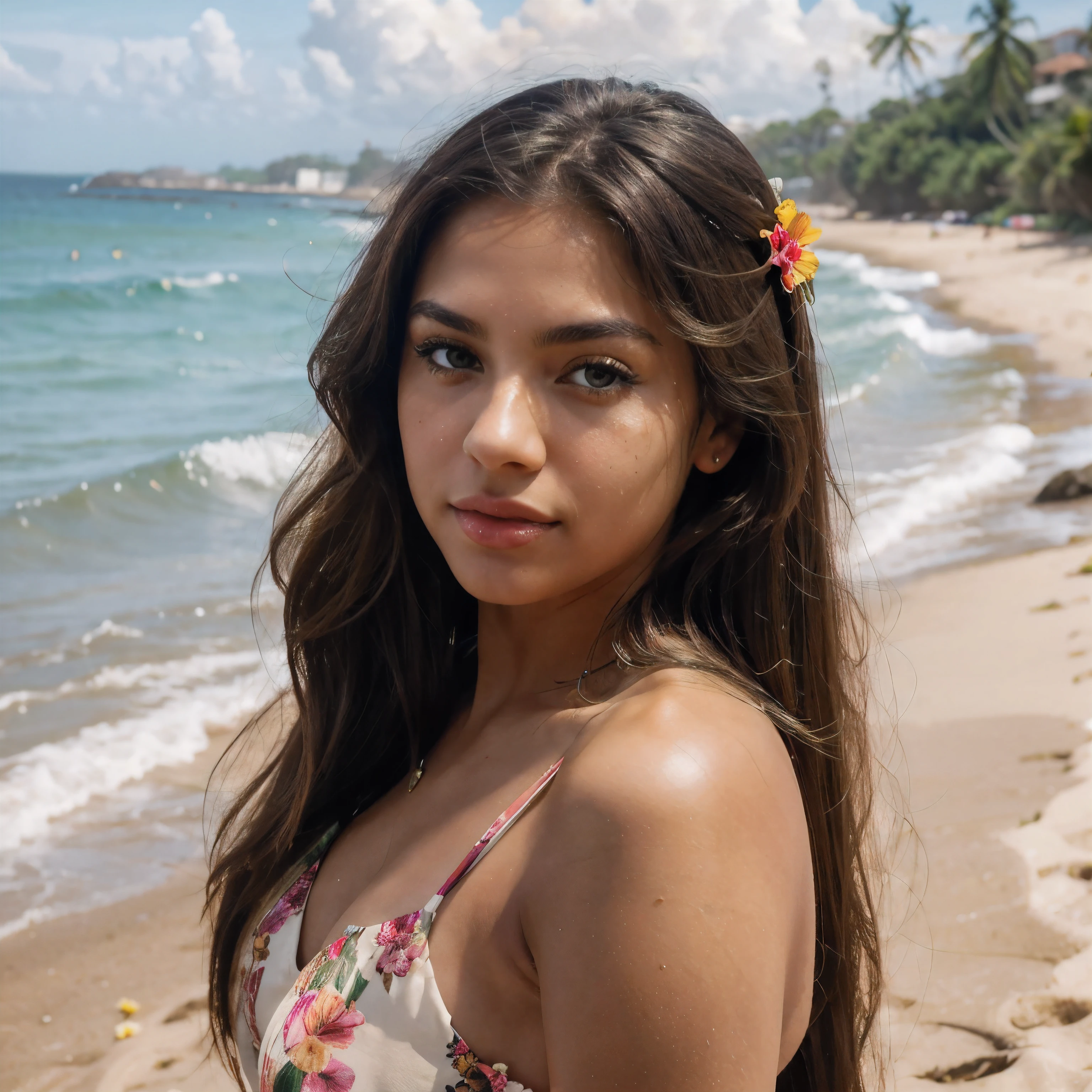 Gorgeous brazilian girl, latina, long straight brown hair with blonde highlights, tan skin, clear skin, full lips, beautiful round eyes, green eyes, red lips, lip piercing, cute soft nose, defined arched eyebrows, dark eyelashes, dark eye liner, flirty look, soft smile, wearing flower dress, flower sexy dress, flower on hair, on beach, brasil beach, brasil rio, sunny, front view, candid, distracted, full body picture, best lighting, natural light, best quality, best colors, ultra realism, highly detailed, 4k