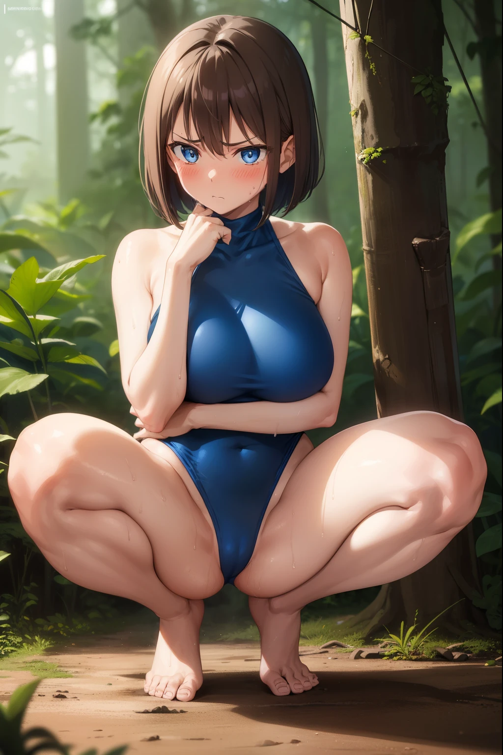 ,1 girl,Blue leotard,Super High Leg Cut,blue eyes,serious face,brown hair,bob hair,Dense forest,Big Breasts,blush,Sweat,thin,Inside the transport aircraft,sit,barefoot,bare hands,Asian Squat,back,Butt,Backwards,