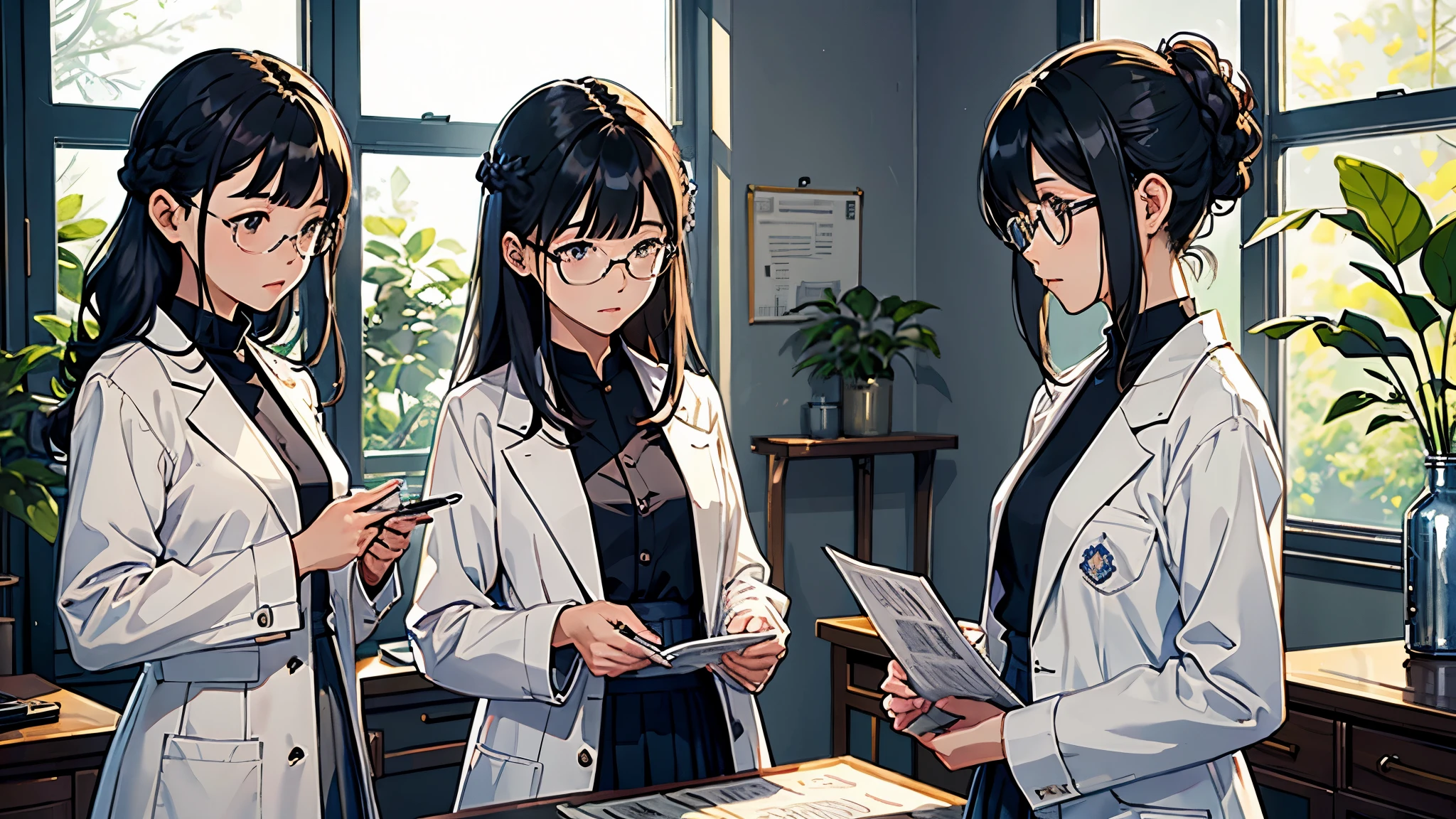 (highest quality、masterpiece、High resolution)、(Sargent-style watercolor)、(Anime Art)、Soft Light、((Two Women))、((The two are talking while looking at documents..))、、18-year-old、Medium Short Hair、semi-long、Put your hair up、Black Hair、Dark brown hair、Braided hair、Glasses、detailed depiction of the face、Small breasts、uniform、Long skirt、((Wearing a white coat))、白いブラウスとLong skirt、Institute of Earth Sciences、鉱物標Book、昆虫標Book、化石標Book、標Book棚、Book、Book棚、Laboratory instrument、Test tube、beaker、flask、Alcohol lamp、Labware、Floral、vase、window、Foliage plant、 Blur the background、