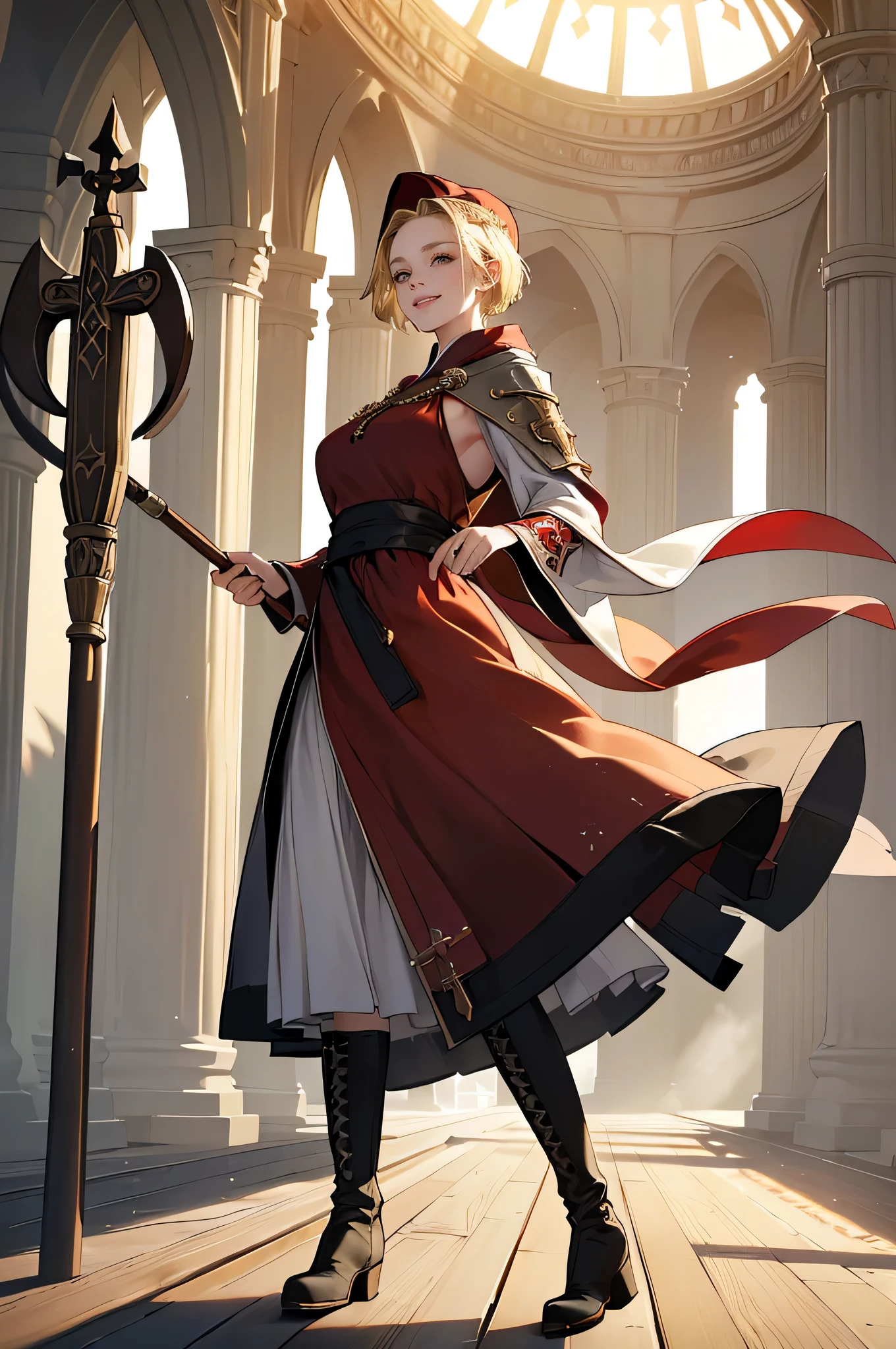 masterpiece, ultra detailed, 8k portrait, RAW photo, portrait photography, highly detailed face, beautiful and meticulous eyes, ((Fantasy)), Young beautiful, dynamic pose, kind face, smile, (((Blonde very short hair, forehead))), ((Priest)), armpit, wood necklace, clergy hat, (((long cloak))) fluttering in the wind, (((dark dull red super fit Priest robe))), (((long skirt)), (((low boots))), ((holding long wood staff)), big shoulder bag, Midday Sun, hyper realistic, Body model, mid breasts, Beautiful breasts, Long legs, in the crowd, Ambient lighting, Shadow details , Camera focus on face, strong breeze, Light fog