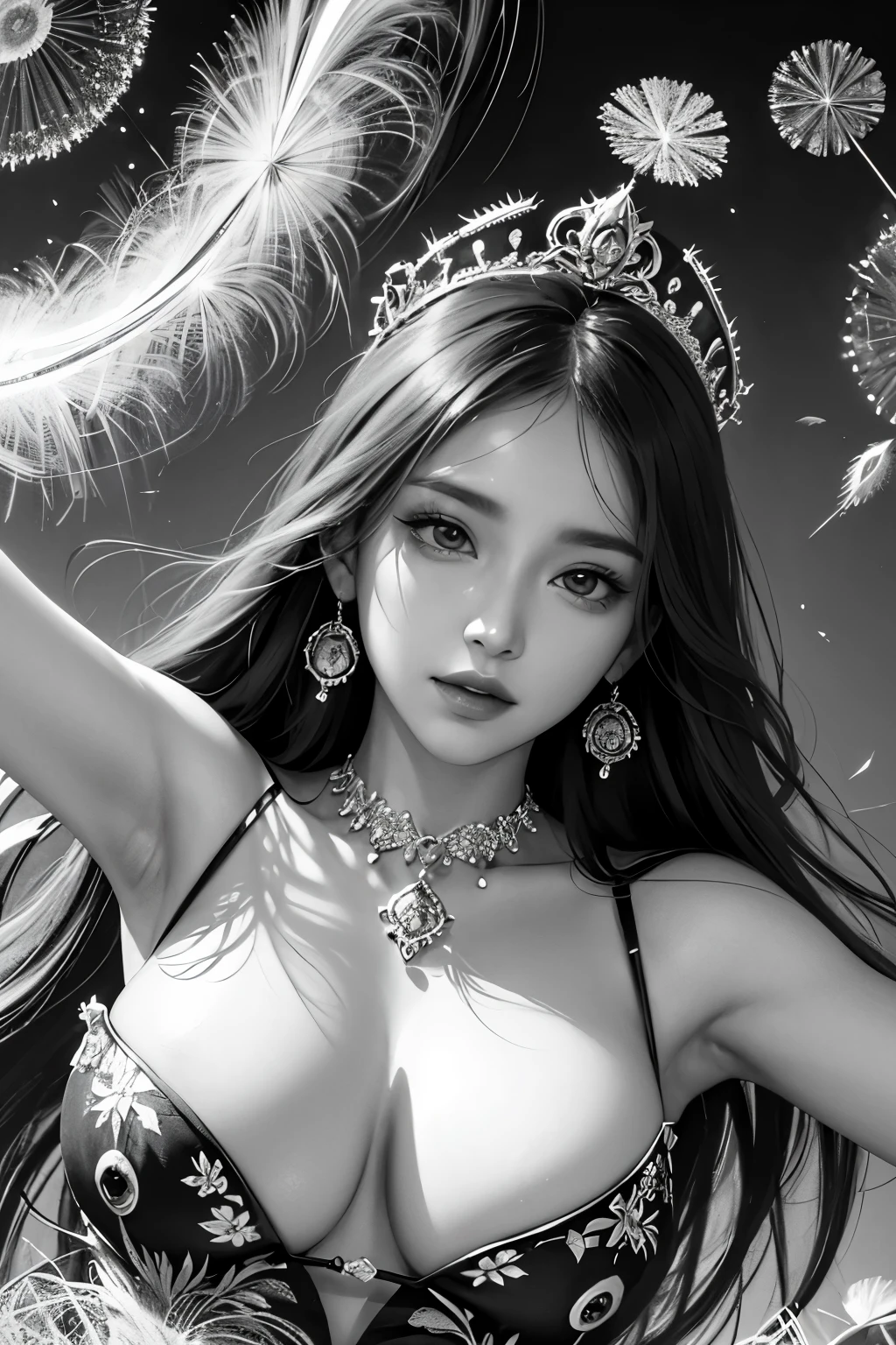 up-and-coming painting-style artwork, best quality, super fine, 16k, incredibly absurdres, extremely detailed, delicate, flashy and dynamic depiction, beautiful woman reminiscent of a peacock, dandelions and peacock cacti are flying in a spiral as they are stirred by a whirlwind, BREAK , (background monochrome garden palace:1.2)