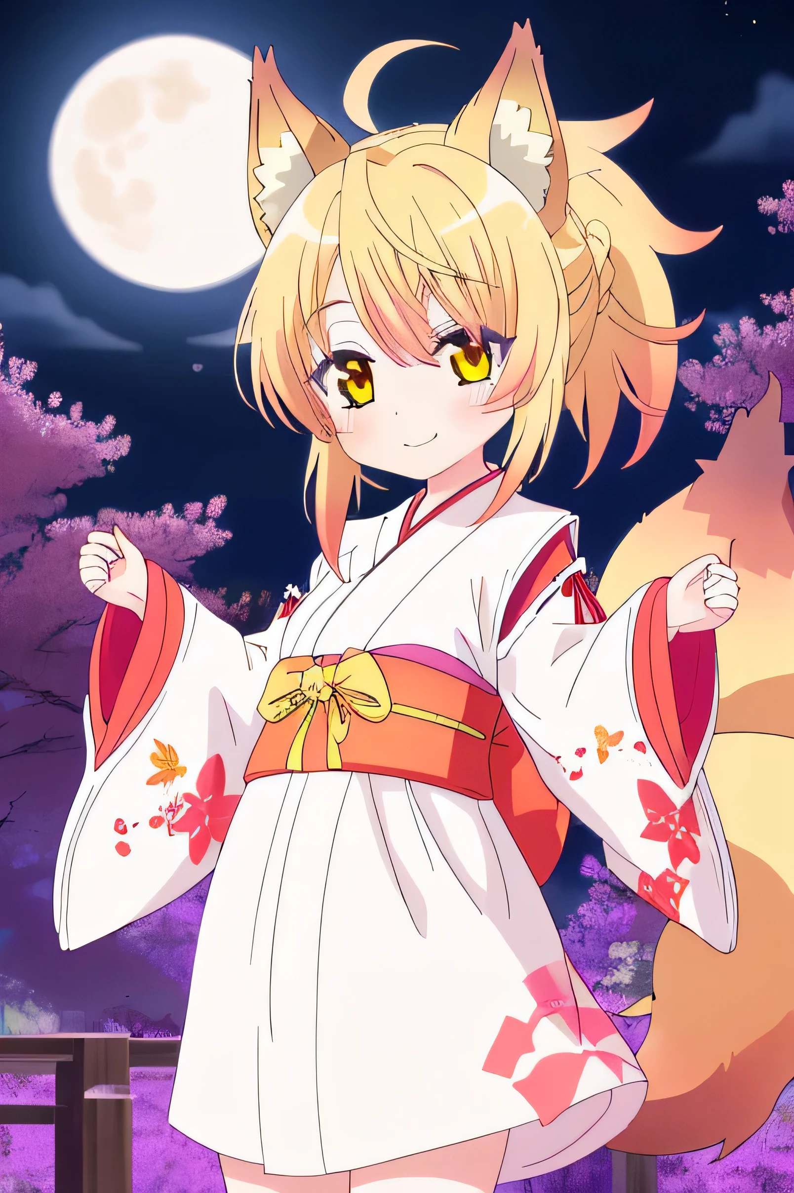 una chica kizuna muy kawaii con piel color crema, Yellow hair color and wearing a kimono with ears and multiple fox tails with her mouth closed but with a smile on her lips on a very beautiful night with the full moon