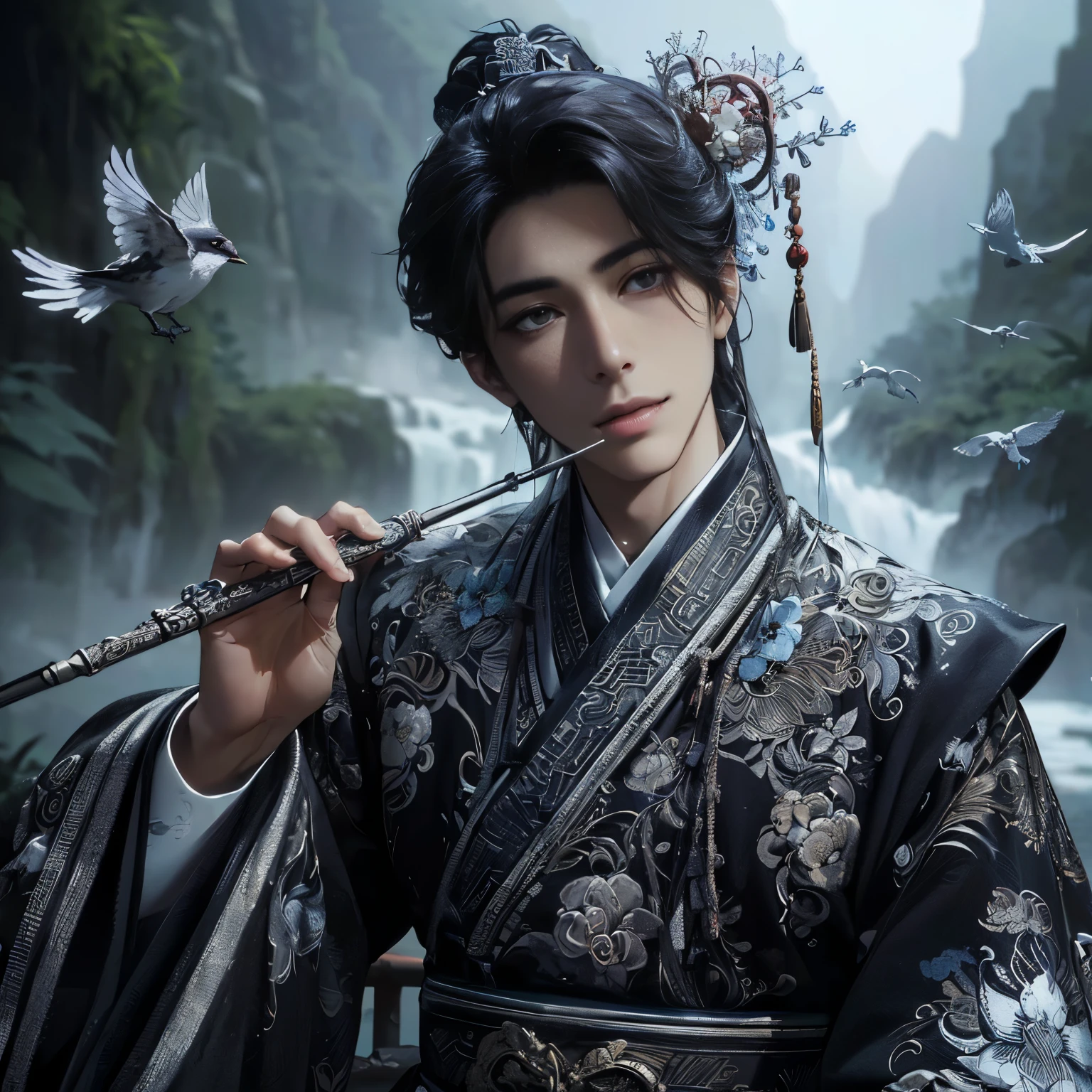 (Best Quality:1.2), (high resolution:1.2), (beautiful face and eye:1.2), (sharpest focus:1.2), (Ultra-realistic Photo:1.2), (Ultra-precise Photo:1.2), (Depth of field:1.2), (8k high resolution:1.2), (perfect anatomy:1.2), (nice hands:1.5),
(perfect hands:1.5), (Very young and masculine and dignified and beautiful Chinese male:1.5), (Beautiful nobleman:1.0), (A beautiful nobleman:1.0), (A shiny black hermit-like garment with fancy embroidery:1.0), (A gentle smile:1.3),
(Playing an iron flute:1.5), (A secluded hermit-like place deep in the mountains of China:1.0), (A mysterious fairyland:1.2), (Birds and animals gathered to listen to the sound of the flute:1.3), (Looking up angle:1.0),