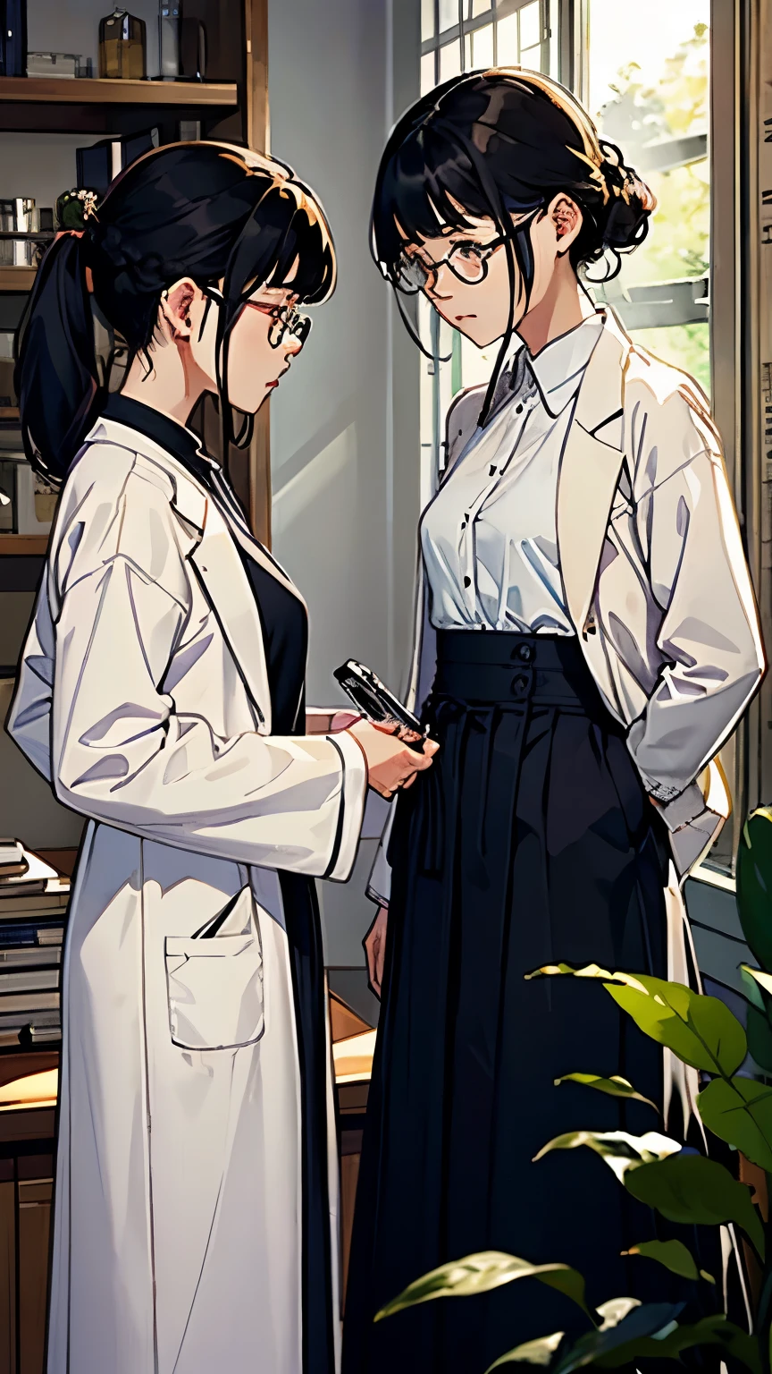 (highest quality、masterpiece、High resolution)、(Sargent-style watercolor)、(Anime Art)、Soft Light、((Two Women))、((The two are talking while looking at documents..))、17 years old、18-year-old、Medium Short Hair、semi-long、Put your hair up、Black Hair、Dark brown hair、Braided hair、Glasses、detailed depiction of the face、Small breasts、uniform、Long skirt、((Wearing a white coat))、白いブラウスとLong skirt、Institute of Earth Sciences、鉱物標Book、昆虫標Book、化石標Book、標Book棚、Book、Book棚、Laboratory instrument、Test tube、beaker、flask、Alcohol lamp、Labware、Floral、vase、window、Foliage plant、 Blur the background、