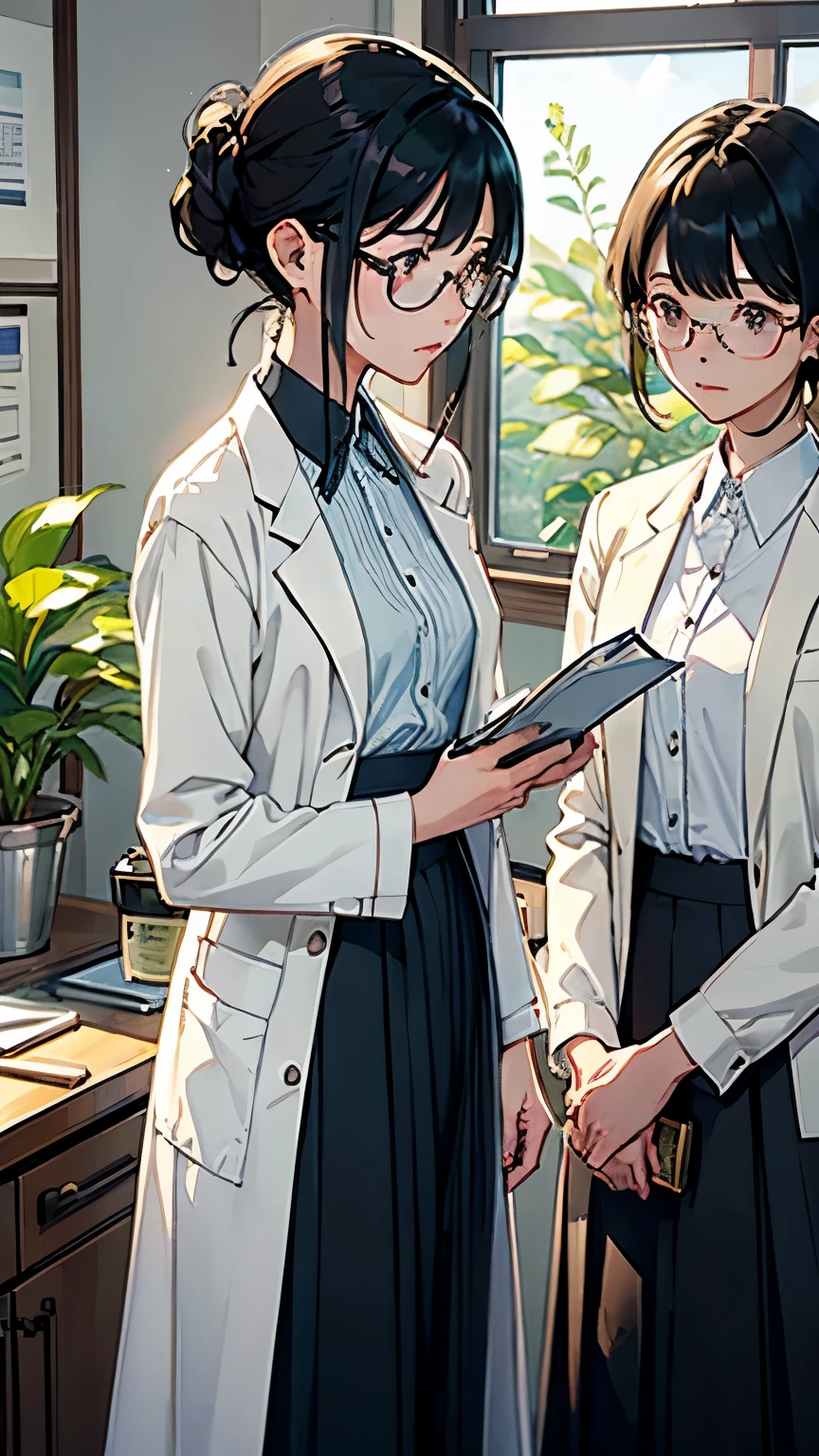 (highest quality、masterpiece、High resolution)、(Sargent-style watercolor)、(Anime Art)、Soft Light、((Two Women))、((The two are talking while looking at documents..))、、18-year-old、Medium Short Hair、semi-long、Put your hair up、Black Hair、Dark brown hair、Braided hair、Glasses、detailed depiction of the face、Small breasts、uniform、Long skirt、((Wearing a white coat))、白いブラウスとLong skirt、Institute of Earth Sciences、鉱物標Book、昆虫標Book、化石標Book、標Book棚、Book、Book棚、Laboratory instrument、Test tube、beaker、flask、Alcohol lamp、Labware、Floral、vase、window、Foliage plant、 Blur the background、