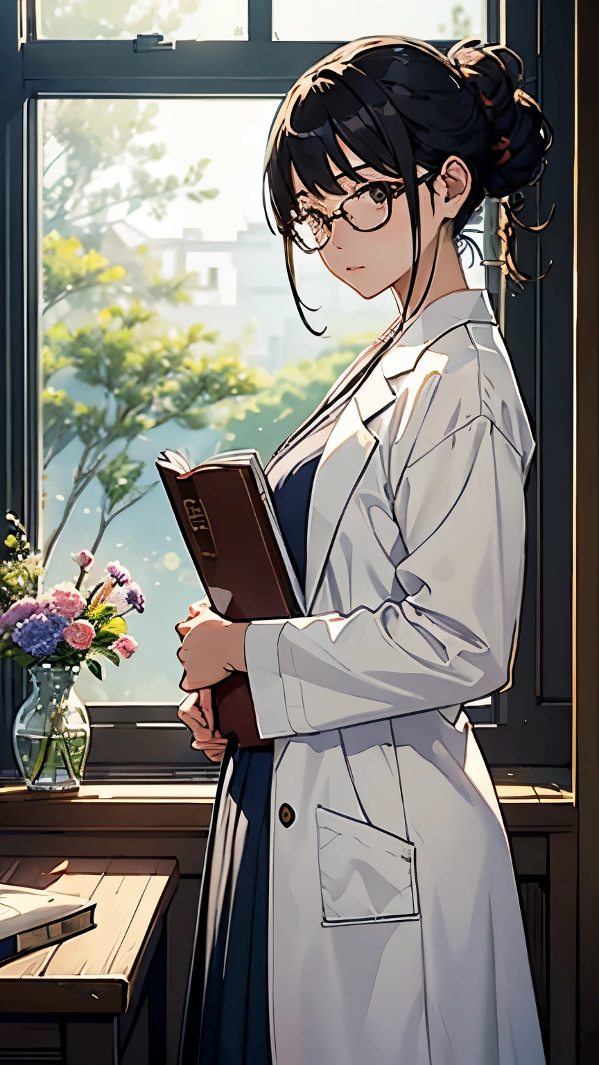 (highest quality、masterpiece、High resolution)、(Sargent-style watercolor)、(Anime Art)、Soft Light、((One woman))、((looking at documents.))、20-year-old、Medium Short Hair、semi-long、Put your hair up、Black Hair、Dark brown hair、Braided hair、Glasses、detailed depiction of the face、Small breasts、uniform、Long skirt、((Wearing a white coat))、白いブラウスとLong skirt、Institute of Earth Sciences、鉱物標Book、昆虫標Book、化石標Book、標Book棚、Book、Book棚、Laboratory instrument、Test tube、beaker、flask、Alcohol lamp、Labware、Floral、vase、window、Foliage plant、 Blur the background、