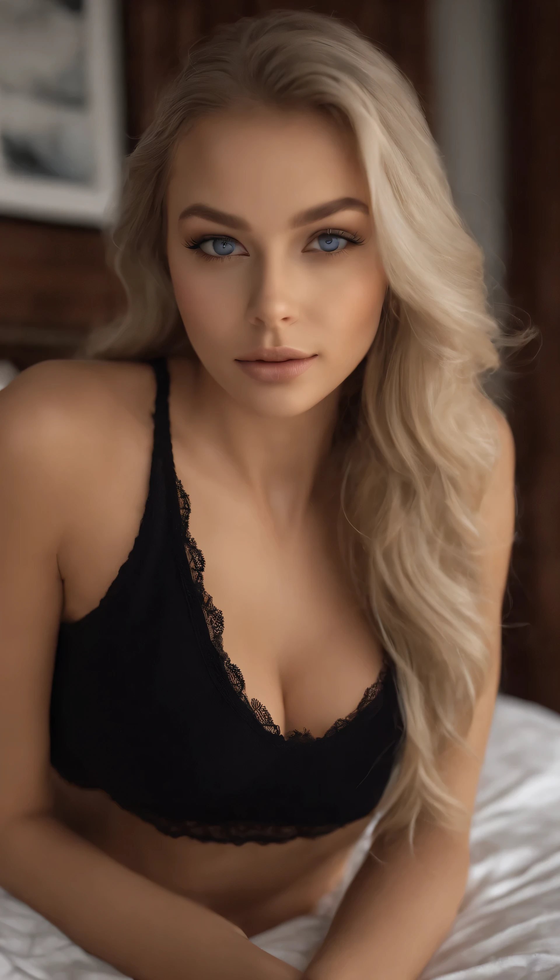 arafed woman fully , sexy girl with blue eyes, ultra realistic, meticulously detailed, portrait sophie mudd, blonde hair and large eyes, selfie of a young woman, bedroom eyes, violet myers, without makeup, natural makeup, looking directly at the camera, face with artgram, subtle makeup, stunning full body shot kneeling on bed, in bedroom, medium to large size bust, woman in sexy gamer cosplay