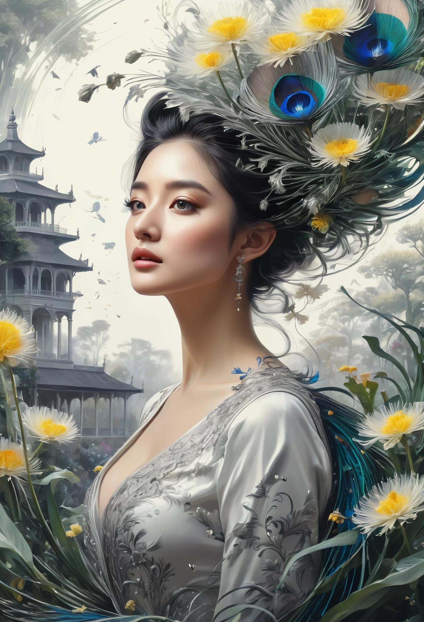 up-and-coming painting-style artwork, best quality, super fine, 16k, incredibly absurdres, extremely detailed, delicate, flashy and dynamic depiction, beautiful woman reminiscent of a peacock, dandelions and Epiphyllum oxypetalum are flying in a spiral as they are stirred by a whirlwind, BREAK, (background monochrome garden palace:1.3)