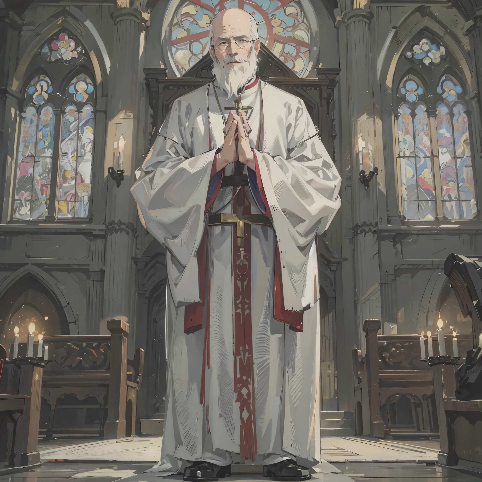 an old man（priest），White beard，White hair，Bald，Wearing white cloth，A cross on the chest，Hands together，Standing in the church and praying earnestly。Medium shot composition，Full body pictures，color，Anime illustration style，HD，4K。