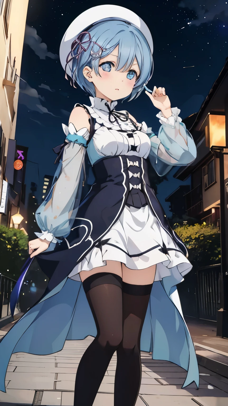 Rem from Re:Zero、light blue hair、shortcut, To tell, casual clothes, gray check dress、Cast a spell on the stars in the middle of the city at midnight, panorama, landscape、black pantyhose、vibrator in thighhighs