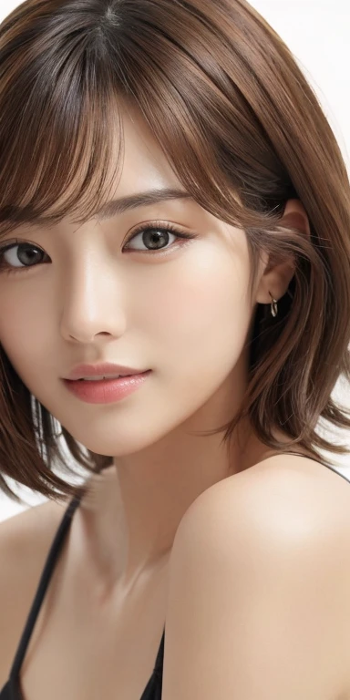 masterpiece、highest quality、High resolution、table top、wallpaper、realistic、bright lighting、professional lighting、face light、smooth lighting、japanese woman、adult、Beautiful woman、action、gravure、sexy、poor、super beautiful、beautiful skin、beautiful and detailed eyes、detailed face、slim、moderately、short hair、brunette colored hair、brown eyes、look at the camera、i have lemon