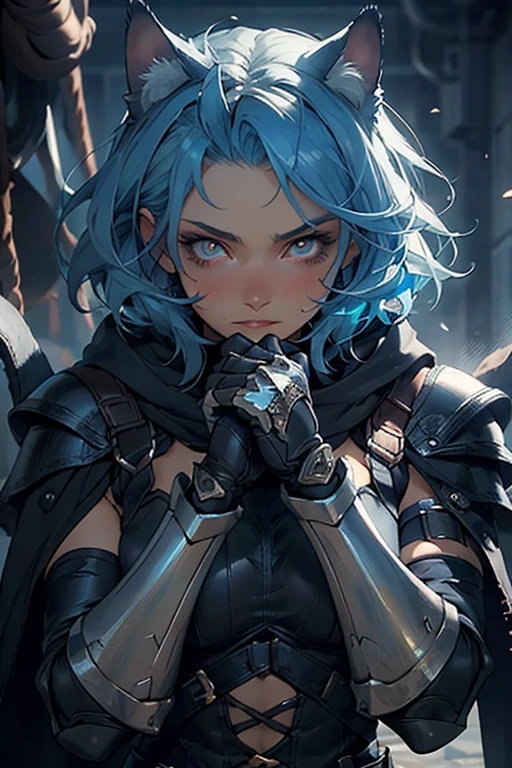 ((best quality)), ((masterpiece)), (detailed), perfect face rogue woman, beautiful, best graphics, soft lighting, blue hair, gauntlets on both hands, dark flame all around her, leather armor, brown cloak, modest, battle, fight, cat ears, neko