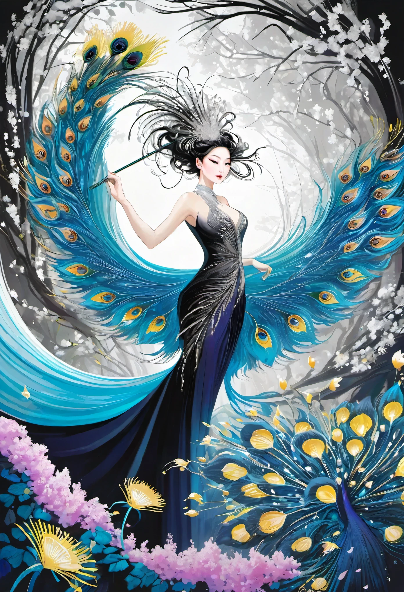 up-and-coming painting-style artwork, best quality, super fine, 16k, incredibly absurdres, extremely detailed, delicate, flashy and dynamic depiction, iridescent, beautiful woman, bewitching lady reminiscent of peacock, excited look, dandelions and Epiphyllum oxypetalum are flying in spiral as they are stirred by whirlwind, BREAK, (background monochrome garden palace:1.3)