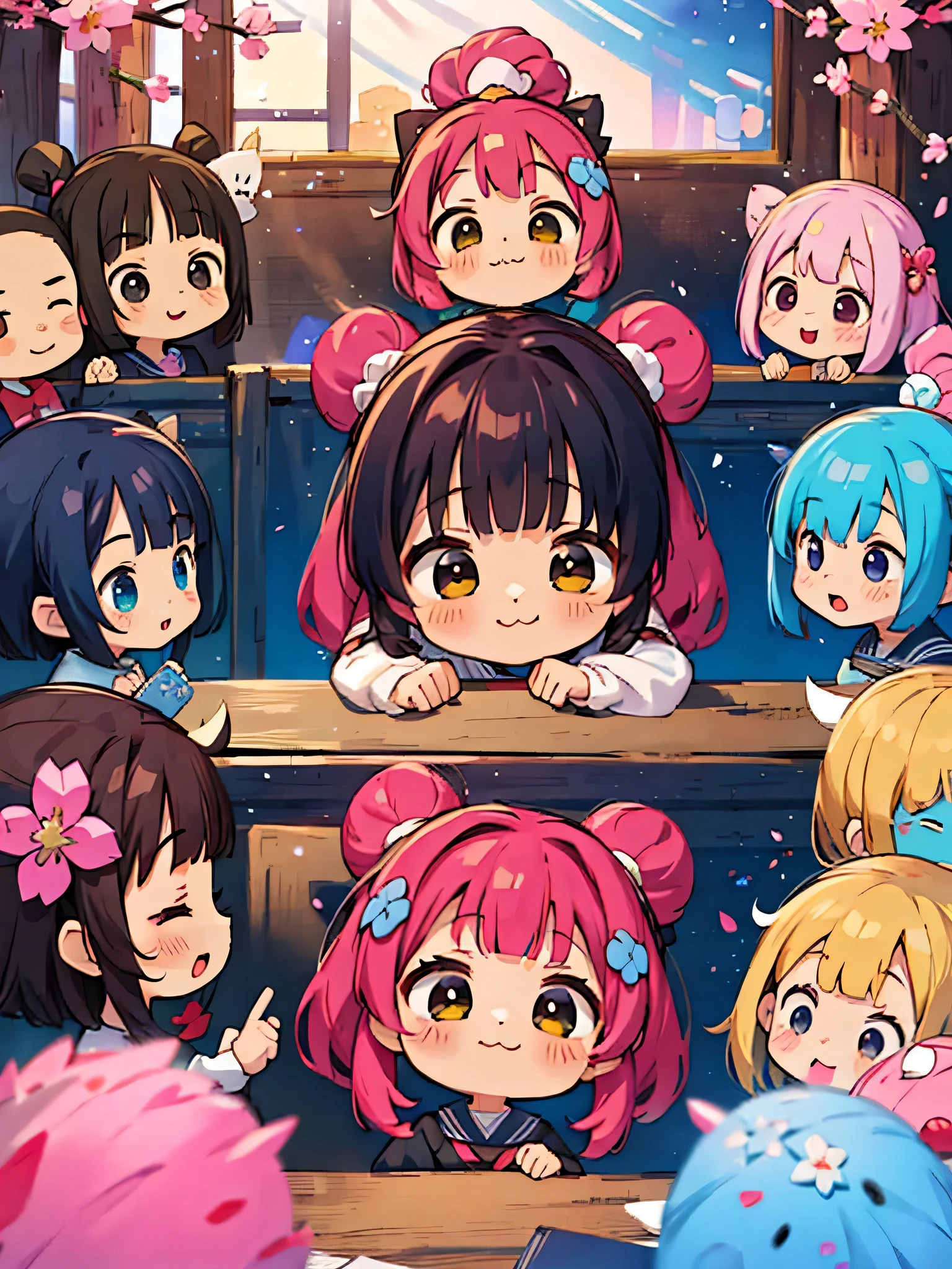 Momoko Sakura style, Kawaii Design, (((10 people)))、most beautiful girl ever、Chibi, Colorful bob hair、((Lots of friends))、School