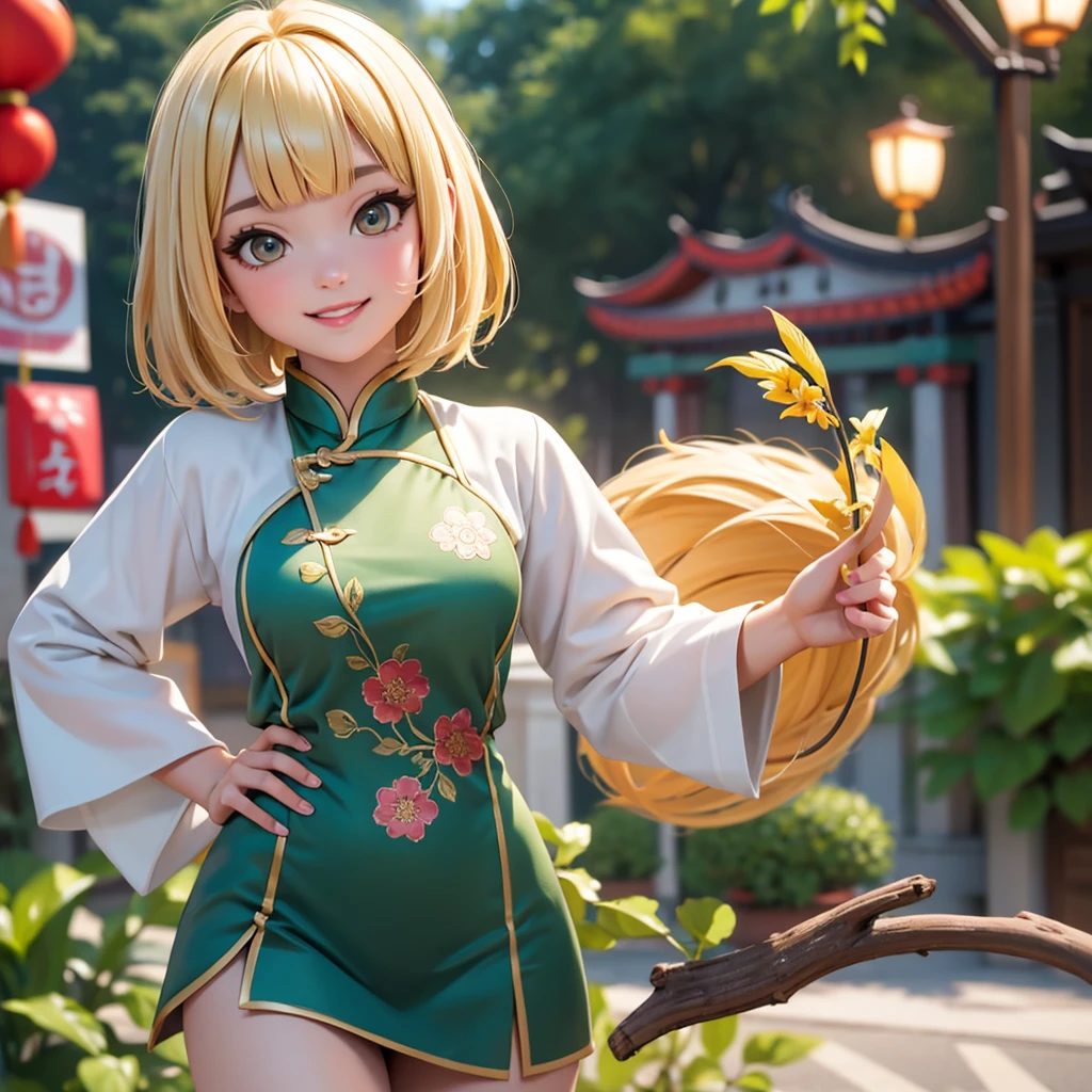 best quality, high quality, very high resolution, ultra detailed, 8k, hyper realistic, 1girl, Bob with bangs, Short Hair, blunt bangs, Blonde hair, red knit hat, smile, green Chinese clothes, Half Body Shot, Chinatown, red paint around the eyes