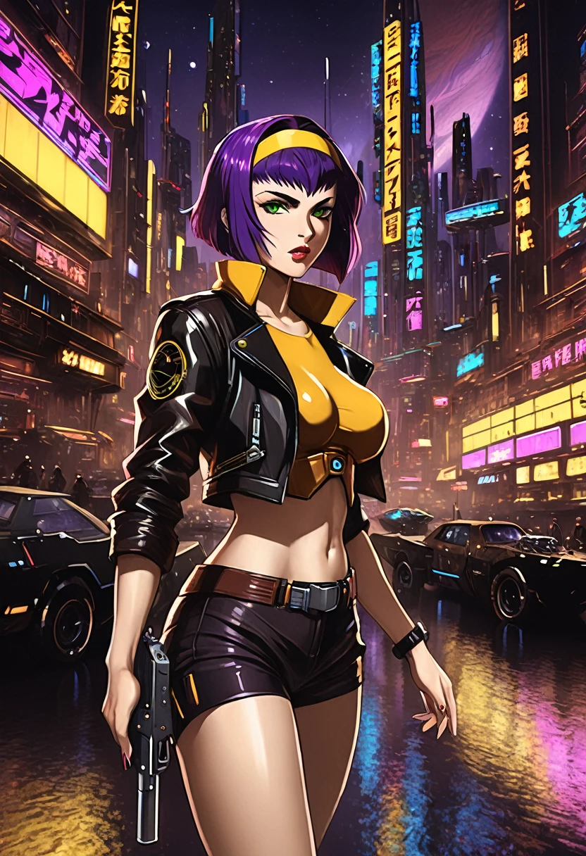 1girl, Faye Valentine, Cowboy Bebop, bob cut, solo, big breasts, green eyes, purple hair, hairband, cbbebop, cbbebop spaceship, (best quality, realistic), futuristic cityscape, neon lights, bounty hunter, space western, intense action, femme fatale, dynamic pose, jazz music, smoke, cigarettes, leather jacket, gun, yellow background, confident expression, stylish outfit, mysterious atmosphere, cyberpunk, sci-fi noir.