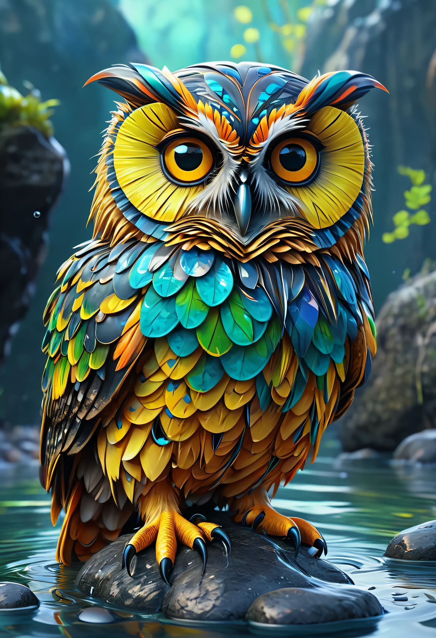 Brightly colored owl sitting on a rock in the water, Highly detailed digital artwork, Highly detailed digital art, 4k Highly detailed digital art, alien owl, Highly detailed digital painting, High definition color, Highly detailed digital painting, Very detailed digital art, Overly detailed digital art, Detailed painting 4k, Highly detailed digital art, Highly detailed digital art, Ultra-Definition Digital Art
