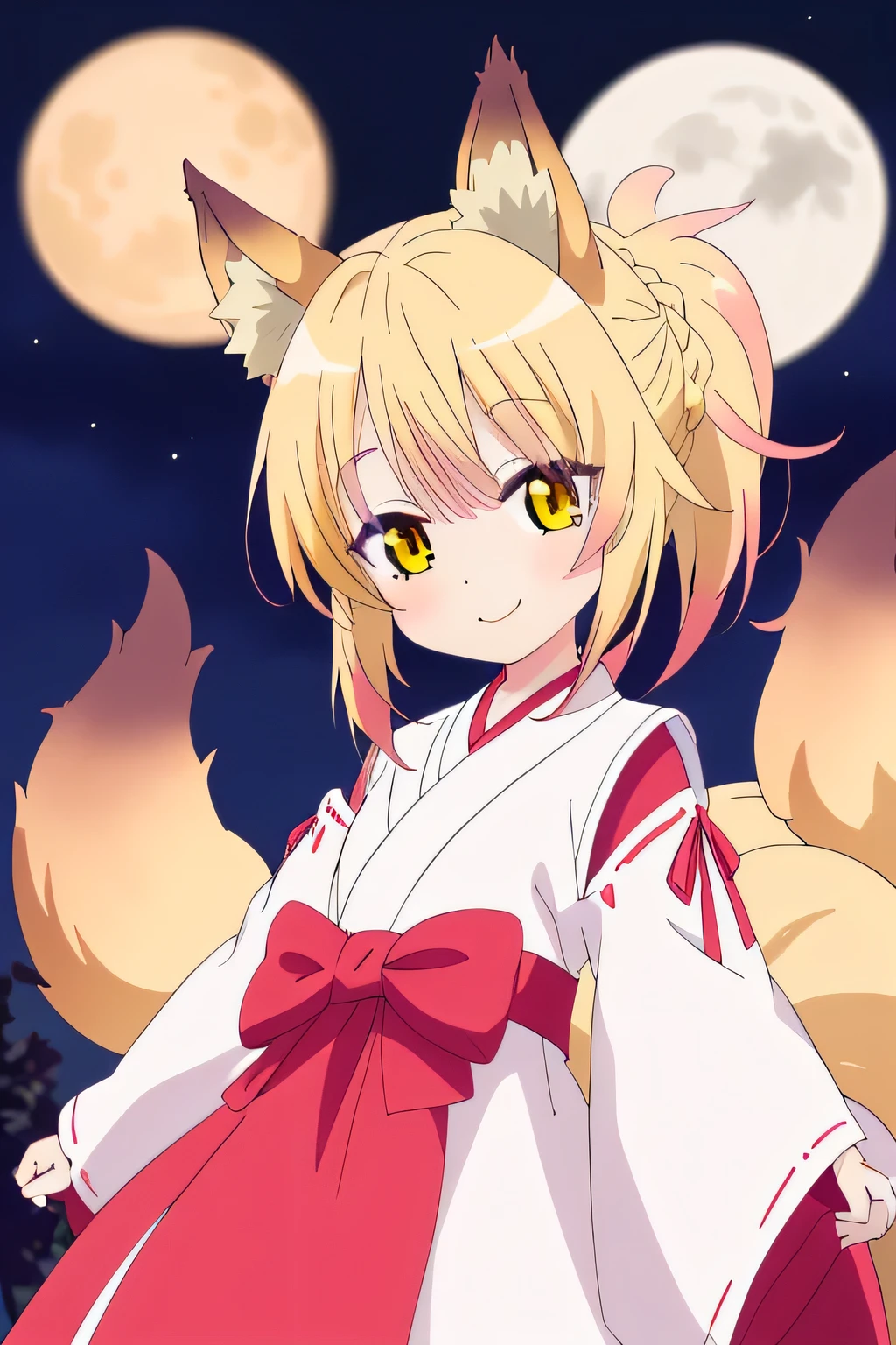 una chica kizuna muy kawaii con piel color crema, Yellow hair color and wearing a keikogi with fox ears and multiple tails with her mouth closed but with a smile on her lips on a very beautiful night with the full moon