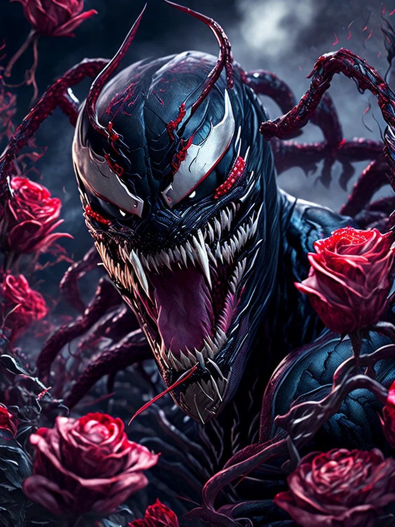Close-up ( Venom from Marvel in Marvel style: 1.3) emerging from the beautiful roses field, extremely detailed, smoke, sparks, flower shavings, flying debris, volumetric light