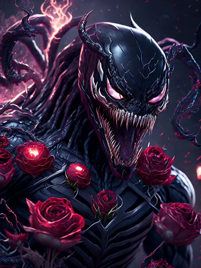 Close-up ( Venom from Marvel in Marvel style: 1.3) emerging from the beautiful roses field, extremely detailed, smoke, sparks, flower shavings, flying debris, volumetric light
