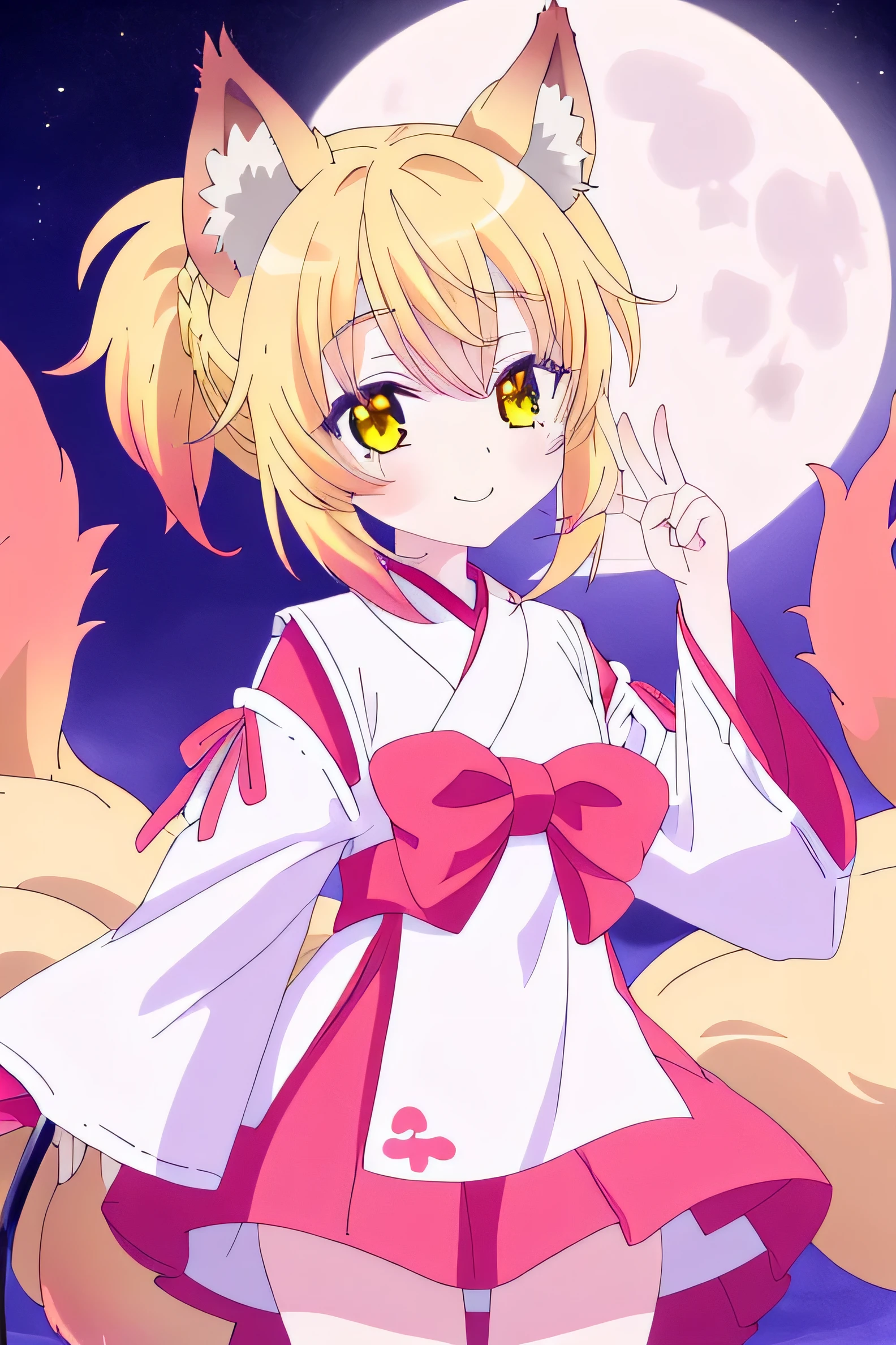 una chica kizuna muy kawaii con piel color crema, Yellow hair color and wearing a keikogi with fox ears and multiple tails with her mouth closed but with a smile on her lips on a very beautiful night with the full moon