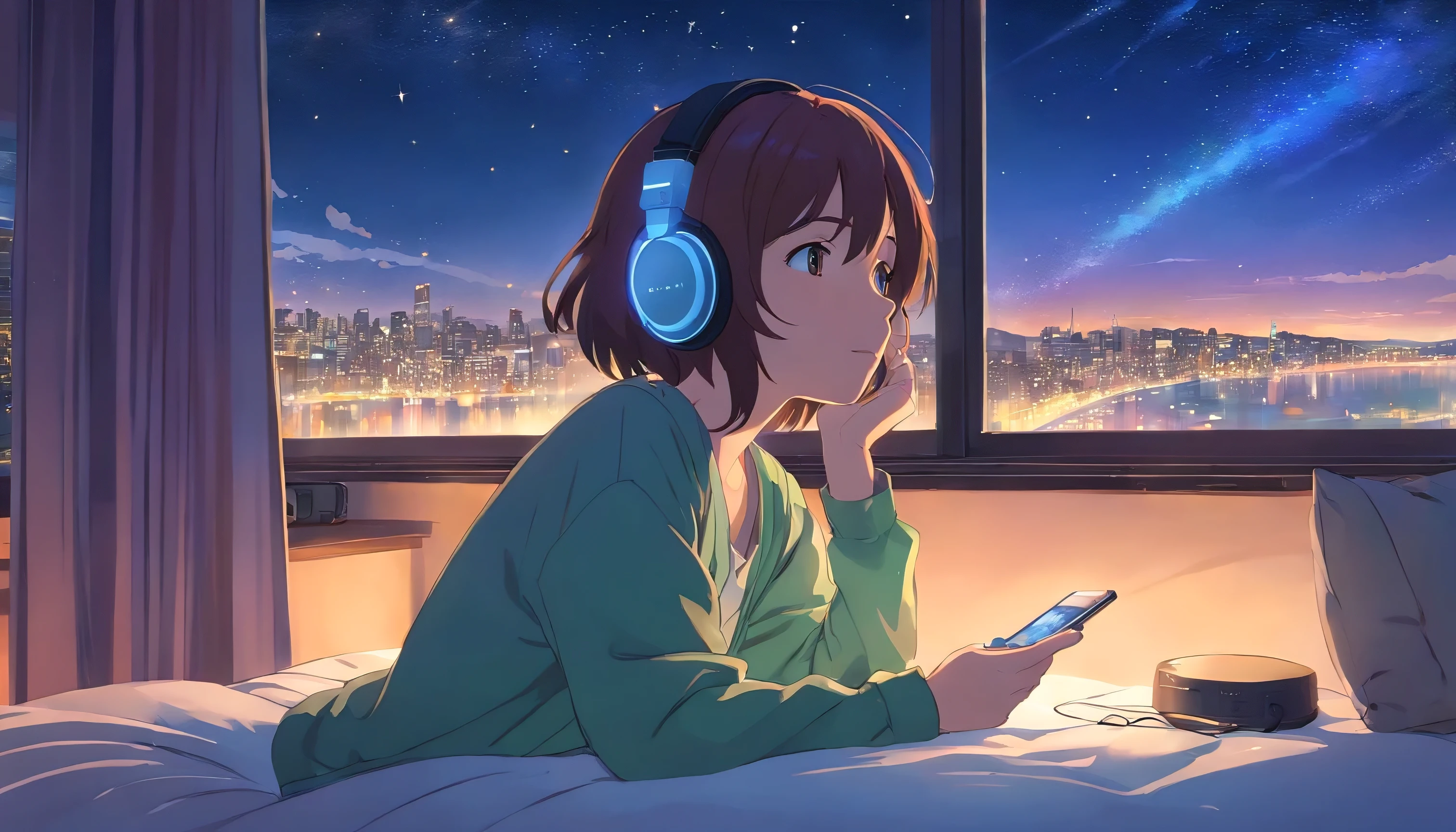 Girl listening to music with headphones by the window in bed、night、Lots of stars in the sky