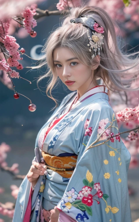 (Beautiful model appearing in Japanese clothing commercial, Beautiful long silver mesh hair swaying in the wind), (alone), ((face is 80% beauty and elegance, 20% pretty and cute:1.5)), (Her roots are in Eastern Europe and Asia), clear eyes, (fine eyes, light brown eyes, bright pupils), double eyelid, (Slightly thick and sexy lips:1.2), Super detailed and incredibly high resolution silver long Kimono, Highly detailed facial texture, impressive body shape, Curvaceous and very attractive woman, (The color of the long kimono is 95% pink and 5% lapis lazuli:1.5), High resolution RAW color photography professional photography, break ultra high-resolution textures, High resolution body rendering, Big eyes, an unparalleled masterpiece, incredible high resolution, Super detailed, stunning ceramic skin, break (Made with plenty of Rinpa silver.、She is wearing a shiny red long-sleeved kimono in the Rinpa style.。.), (The main color is Rinpa'shiny red.), (Carefully crafted Japanese classic shiny red long-sleeved kimono), ((The embroidery pattern is a Japanese painting style of lapis lazuli birds, cloud, Mountain, river, and flowers)), (A lapis lazuli obi that matches this kimono), ((Delicate and elegant embroidery、Shiny red long-sleeved kimono)), (The background is sparkling silver diamond dust emitted from the moon,Cherry tree:1.5) break ((highest quality, 8K)), sharp focus:1.2, (layer cut, big:1.2), (beautiful woman with perfect figure:1.4), (Beautifully shaped breasts:1.3), thin waist, (correct hand shape:1.5), (full body shot | Rear view)