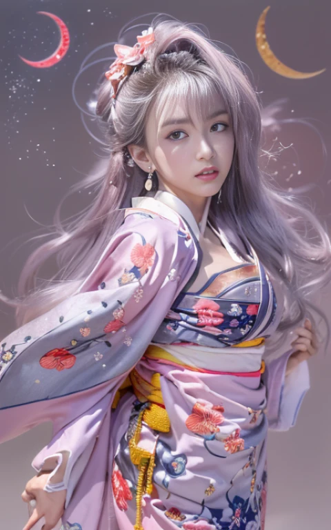 (Beautiful model appearing in Japanese clothing commercial, Beautiful long silver mesh hair swaying in the wind), (alone), ((face is 80% beauty and elegance, 20% pretty and cute:1.5)), (Her roots are in Eastern Europe and Asia), clear eyes, (fine eyes, light brown eyes, bright pupils), double eyelid, (Slightly thick and sexy lips:1.2), Super detailed and incredibly high resolution silver long Kimono, Highly detailed facial texture, impressive body shape, Curvaceous and very attractive woman, (The color of the long kimono is 95% pink and 5% lapis lazuli:1.5), High resolution RAW color photography professional photography, break ultra high-resolution textures, High resolution body rendering, Big eyes, an unparalleled masterpiece, incredible high resolution, Super detailed, stunning ceramic skin, break (Made with plenty of Rinpa silver.、She is wearing a shiny red long-sleeved kimono in the Rinpa style.。.), (The main color is Rinpa'shiny red.), (Carefully crafted Japanese classic shiny red long-sleeved kimono), ((The embroidery pattern is a Japanese painting style of lapis lazuli birds, cloud, Mountain, river, and flowers)), (A lapis lazuli obi that matches this kimono), ((Delicate and elegant embroidery、Shiny red long-sleeved kimono)), (The background is sparkling silver diamond dust emitted from the moon,Cherry tree:1.5) break ((highest quality, 8K)), sharp focus:1.2, (layer cut, big:1.2), (beautiful woman with perfect figure:1.4), (Beautifully shaped breasts:1.3), thin waist, (correct hand shape:1.5), (full body shot | Rear view)