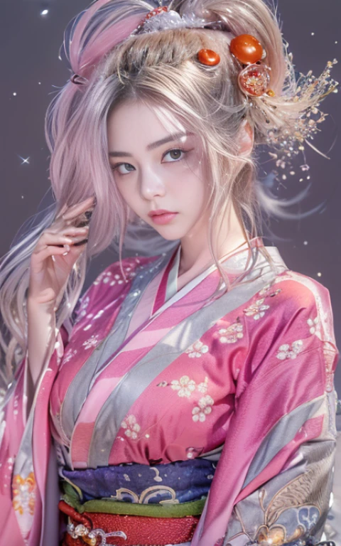 (Beautiful model appearing in Japanese clothing commercial, Beautiful long silver mesh hair swaying in the wind), (alone), ((face is 80% beauty and elegance, 20% pretty and cute:1.5)), (Her roots are in Eastern Europe and Asia), clear eyes, (fine eyes, light brown eyes, bright pupils), double eyelid, (Slightly thick and sexy lips:1.2), Super detailed and incredibly high resolution silver long Kimono, Highly detailed facial texture, impressive body shape, Curvaceous and very attractive woman, (The color of the long kimono is 95% pink and 5% lapis lazuli:1.5), High resolution RAW color photography professional photography, break ultra high-resolution textures, High resolution body rendering, Big eyes, an unparalleled masterpiece, incredible high resolution, Super detailed, stunning ceramic skin, break (Made with plenty of Rinpa silver.、She is wearing a shiny red long-sleeved kimono in the Rinpa style.。.), (The main color is Rinpa'shiny red.), (Carefully crafted Japanese classic shiny red long-sleeved kimono), ((The embroidery pattern is a Japanese painting style of lapis lazuli birds, cloud, Mountain, river, and flowers)), (A lapis lazuli obi that matches this kimono), ((Delicate and elegant embroidery、Shiny red long-sleeved kimono)), (The background is sparkling silver diamond dust emitted from the moon,Cherry tree:1.5) break ((highest quality, 8K)), sharp focus:1.2, (layer cut, big:1.2), (beautiful woman with perfect figure:1.4), (Beautifully shaped breasts:1.3), thin waist, (correct hand shape:1.5), (full body shot | Rear view)