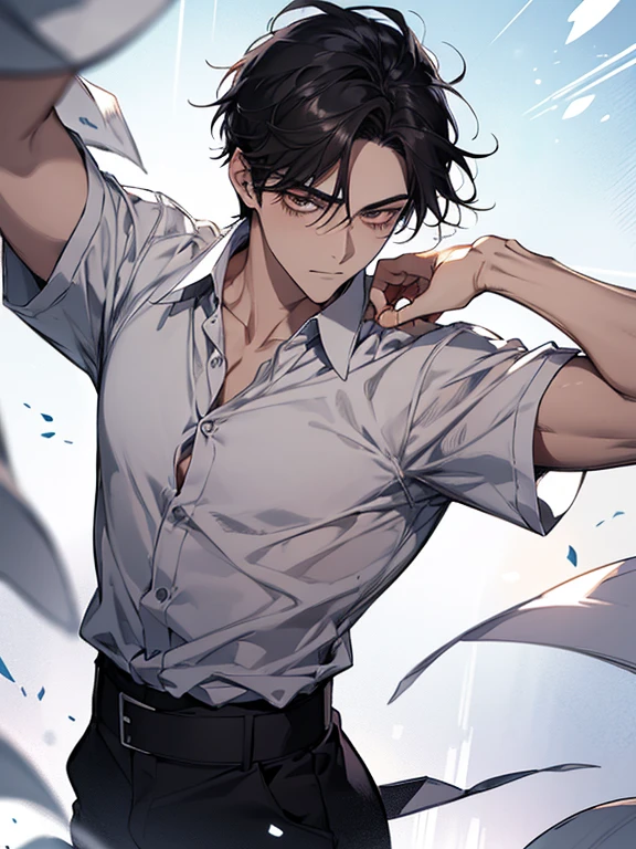 Ultra Detail,Haig Quality,sketch,1boy,matured male,Beautiful face,(black short hair),Handsome men,Pearl skin,White short sleeved shirt,drooping eyes,japanese high school,Dynamic Angle,Japan Anime,Whole body,face forward