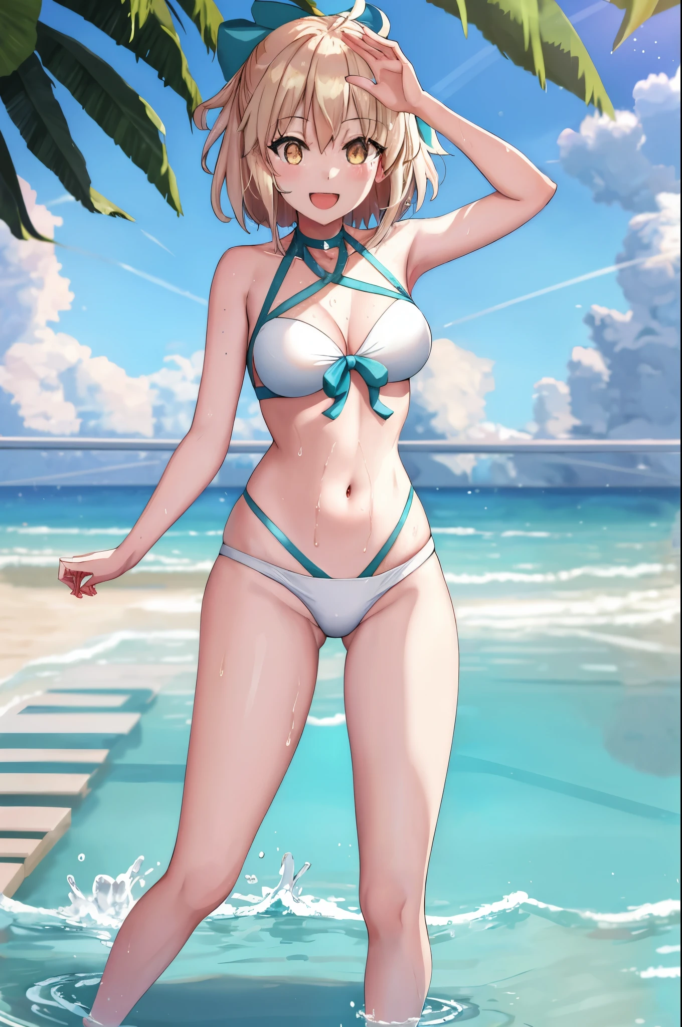 masterpiece, best quality,extremely detailed CG unity 8k wallpaper,
1girl,okita souji \(fate\), swimsuit,bikini,
smile,open_mouth,dancing,sunlight,splash_of_water,happy,gold_eyes,half_eyes,apart_legs,rising_knee,open_legs,covered_pussy,