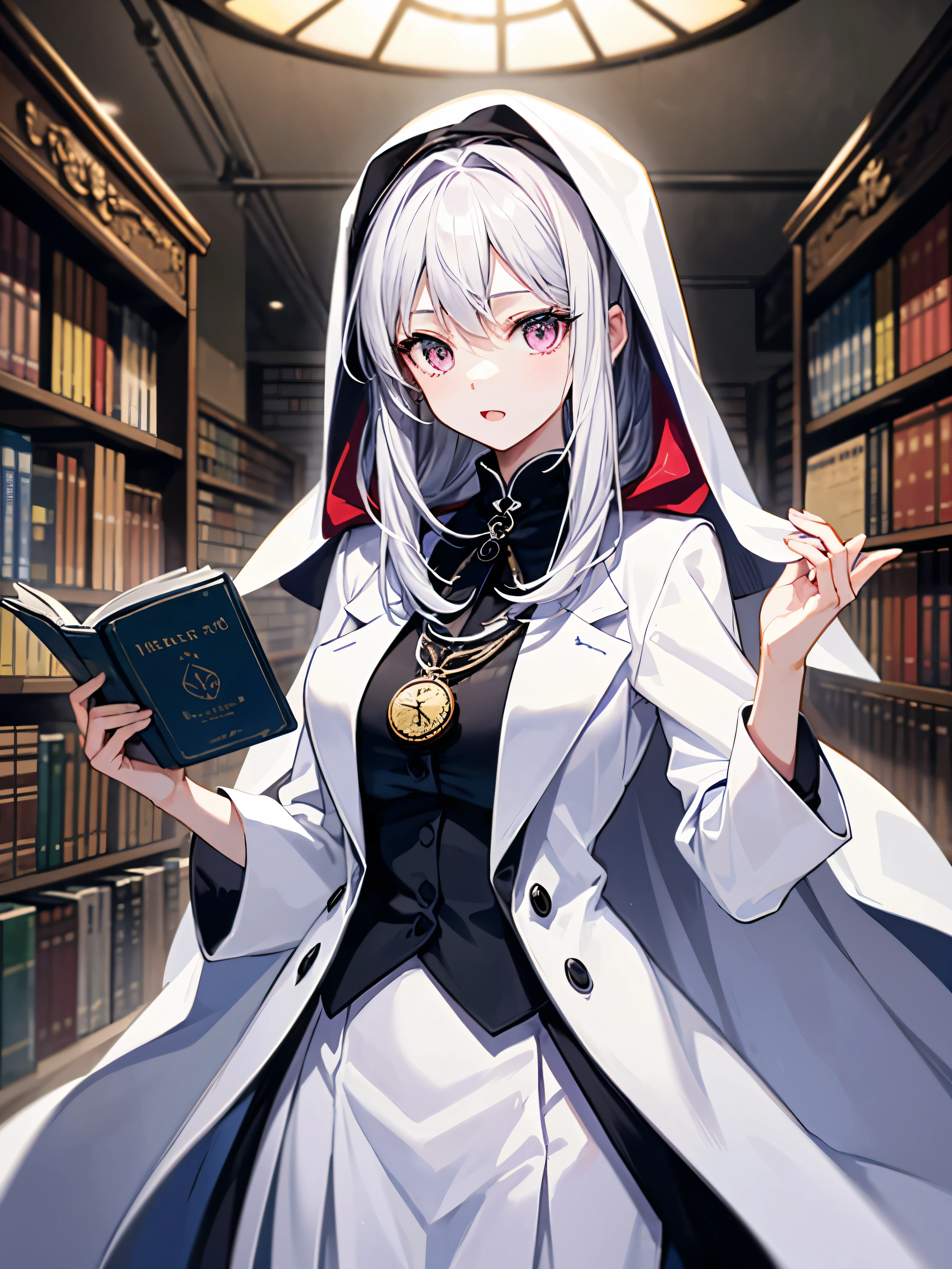 （（（highest quality、8ｋimage quality、Highly detailed face、High resolution illustrations、perfect anatomy、ideal ratio body proportions）））、（（Illustration of a girl alone、upper body））、（（（beautiful girl）））、（Phantom thief）、（White Hair、long hair、Straight Hair、Pink eyes、crazy eyes、tall）、Pocket watch、（（（White tuxedo suit、tuxedo、White Cape）））、huge medieval library、A large number of books、Dimly lit room