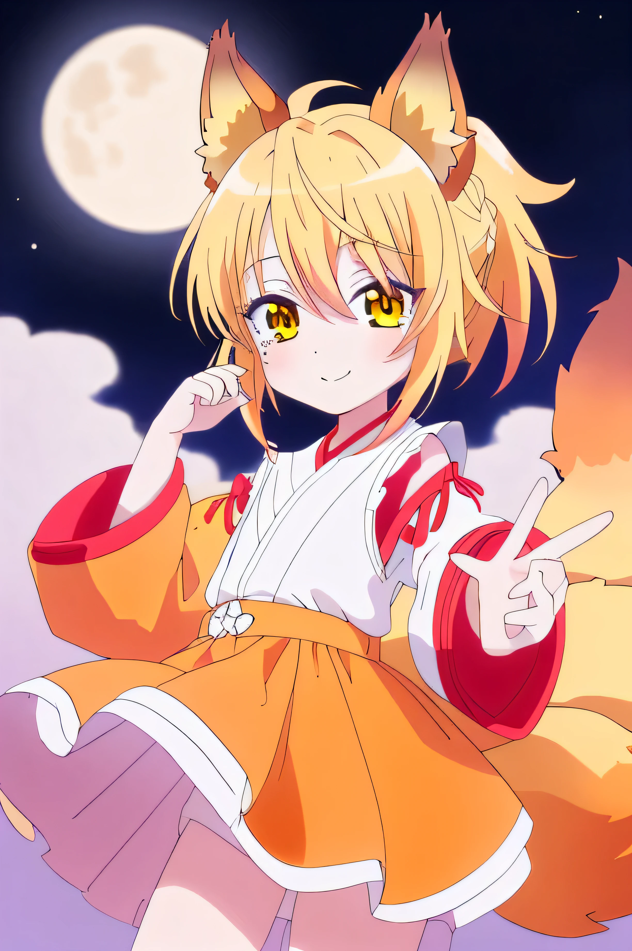 una chica kizuna muy kawaii con piel color crema, Yellow hair color and wearing an orange fighting dogi with fox ears and multiple tails with his mouth closed but with a smile on his lips on a very nice night with the full moon