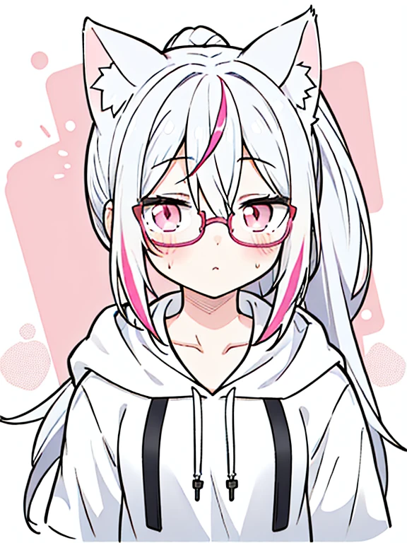 best quality, masterpiece, 1 girl, loli, upper body, hairs between eyes, female, pink eyes, long hair, small breasts, glasses, high ponytail, expressionless, wink , cat ears, white hair, silver hair, streaked hair，hoodie,  murder, 