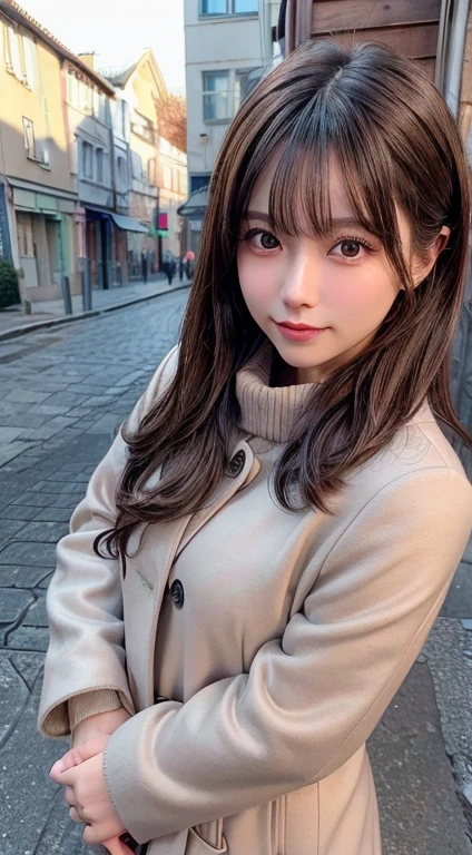 (8k, RAW Photos, highest quality, Tabletop:1.2), (Realistic, Realistic:1.4), (Highly detailed 8K wallpapers), Sharp focus, Written boundary depth, movie lighting, Soft Light, Beautiful eyes in every detail,Shiny smooth light brown, Asymmetrical bangs, Shiny skin, Highly detailed skin ,High resolution, Attention to detail, detailed hairstyle, Beautiful face in every detail, Ultra-realistic, Perfect limbs, Perfect Anatomy ,1 Japanese girl,Famous idols of Japan, Perfect female body,smile,short eyelashes,double eyelid,Look straight here,The hairstyle is short shaggy hair,Attaching the ribbon, office,Wear a scrunchie,So that the whole body is reflected,wearing a long coat,street,Stand up straight and pose,So that the whole body is reflected,Winters,warm clothes,Look straight at me,Wear a scarf,that&#39;it&#39;s snowing,Wear a black long-sleeved coat,Old townscape of Europe,cobblestone road,A European church can be seen in the background..，Face close-up