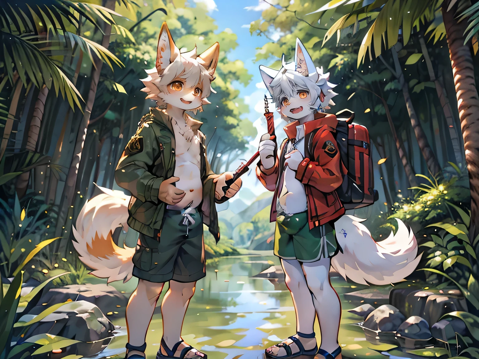 White wolf boy in adventure，Older brother and younger brother，Showing belly，Orange pupils，excited，Rainforest，creek，Grass，Shade，dark，Fruit，sandals，White stockings，Army green shorts and jacket，saber，Backpack，torch，Two wolf boys adventure side by side，