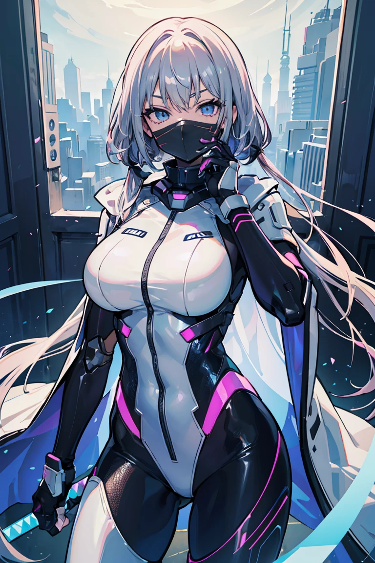 Cowboy Shot, Cowboy Shot, (Pouting face),Has a huge sword, Surreal, detailed anime face, White Armor, Female robot suit, Mask with V-shaped corners, (A person wearing a mask that covers half of their face), Wearing a cybernetic techwear cloak, huge extra booster, Lightless Eyes, Sleek design, Dark fantasy, futuristic environment,tonality, Romanticism, modern art, Impressionism, reflected light, 8k, masterpiece, Advanced Details, highest quality, Just five fingers