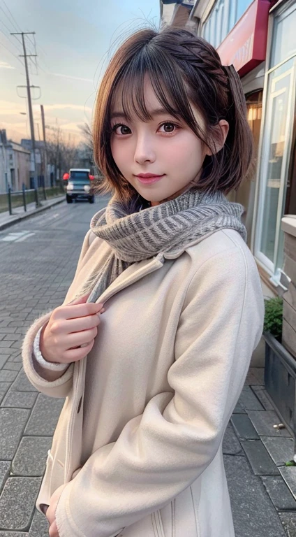(8k, RAW Photos, highest quality, Tabletop:1.2), (Realistic, Realistic:1.4), (Highly detailed 8K wallpapers), Sharp focus, Written boundary depth, movie lighting, Soft Light, Beautiful eyes in every detail,Shiny smooth light brown, Asymmetrical bangs, Shiny skin, Highly detailed skin ,High resolution, Attention to detail, detailed hairstyle, Beautiful face in every detail, Ultra-realistic, Perfect limbs, Perfect Anatomy ,1 Japanese girl,Famous idols of Japan, Perfect female body,smile,short eyelashes,double eyelid,Look straight here,((The hairstyle is short shaggy hair)),Attaching the ribbon, office,Wear a scrunchie,So that the whole body is reflected,wearing a long coat,street,Stand up straight and pose,So that the whole body is reflected,Winters,warm clothes,Look straight at me,Wear a scarf,that'it's snowing,Wear a black long-sleeved coat,Old townscape of Europe,cobblestone road,A European church can be seen in the background..,Face close-up