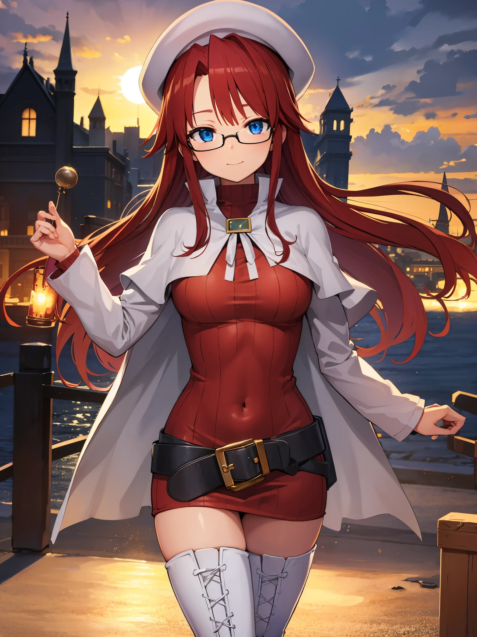 summonnightaty, aty, long hair, blue eyes, red hair, beret, hat, glasses,
BREAK long hair, thighhighs, hat, dress, boots, glasses, belt, cape, sweater, zettai ryouiki, beret, thigh boots, white footwear, ribbed sweater, loose belt,solo,
BREAK outdoors, fantasy,on_a_ship,
BREAK (masterpiece:1.2), best quality, high resolution, unity 8k wallpaper, (illustration:0.8), (beautiful detailed eyes:1.6), extremely detailed face, perfect lighting, extremely detailed CG, (perfect hands, perfect anatomy),covered_nipples,covered_navel,light_smile ,(half_eyes:1.4),sword,armpit,sleepy,dynamic_standing,barrel,red_sweater,apart_legs,magical_effect,pulmp,big_tits,