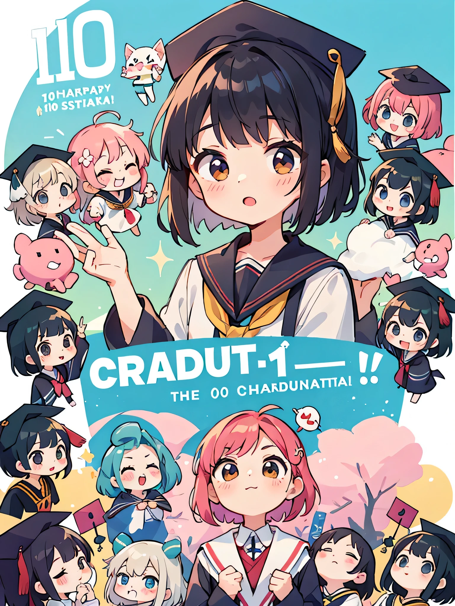 Momoko Sakura style, Kawaii Design, (((10 people)))、most beautiful girl ever、Chibi, Colorful bob hair、((Lots of friends))、(((Graduation ceremony together)))