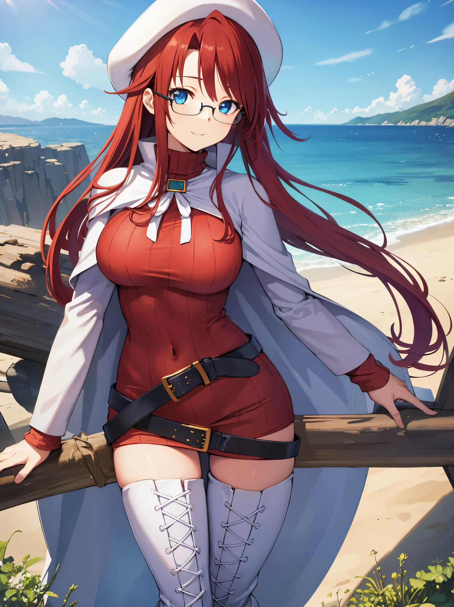 summonnightaty, aty, long hair, blue eyes, red hair, beret, hat, glasses,
BREAK long hair, thighhighs, hat, dress, boots, glasses, belt, cape, sweater, zettai ryouiki, beret, thigh boots, white footwear, ribbed sweater, loose belt,solo,
BREAK outdoors, fantasy,on_a_ship,
BREAK (masterpiece:1.2), best quality, high resolution, unity 8k wallpaper, (illustration:0.8), (beautiful detailed eyes:1.6), extremely detailed face, perfect lighting, extremely detailed CG, (perfect hands, perfect anatomy),covered_nipples,covered_navel,light_smile ,(half_eyes:1.4),sword,armpit,sleepy,dynamic_standing,barrel,red_sweater,apart_legs,magical_effect,pulmp,big_tits,