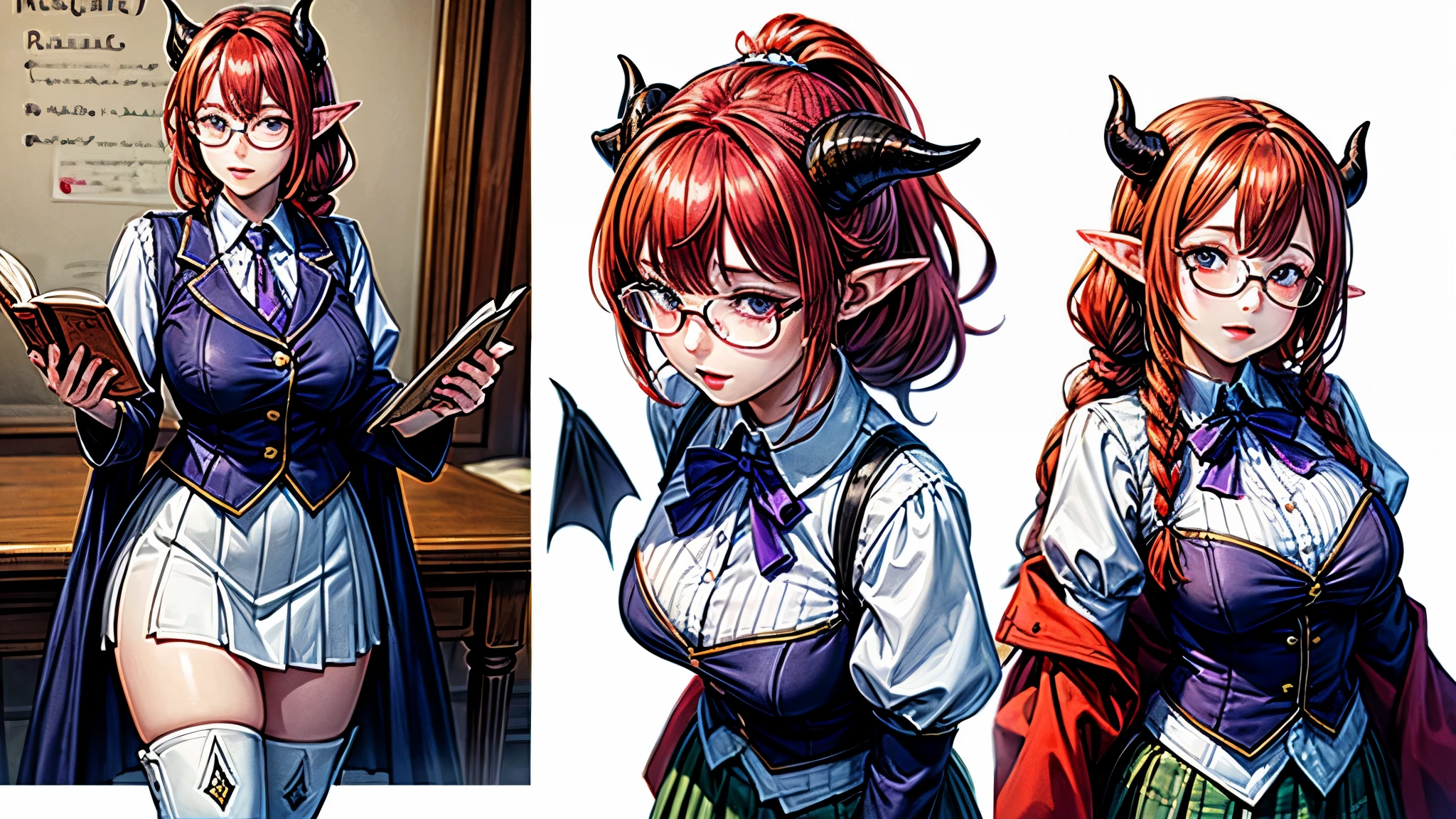(Masterpiece, best quality), detailed, character sheet, many items (the same person, medieval royal clothes, magic academy uniform, blouse, skirt, glasses, reading glasses, white boots, many parts), athletic, busty, demon, demon girl, detailed beautiful purple eyes, detailed face, pointy ears, red hair and white skin, braided ponytail, demon horns, full of details.