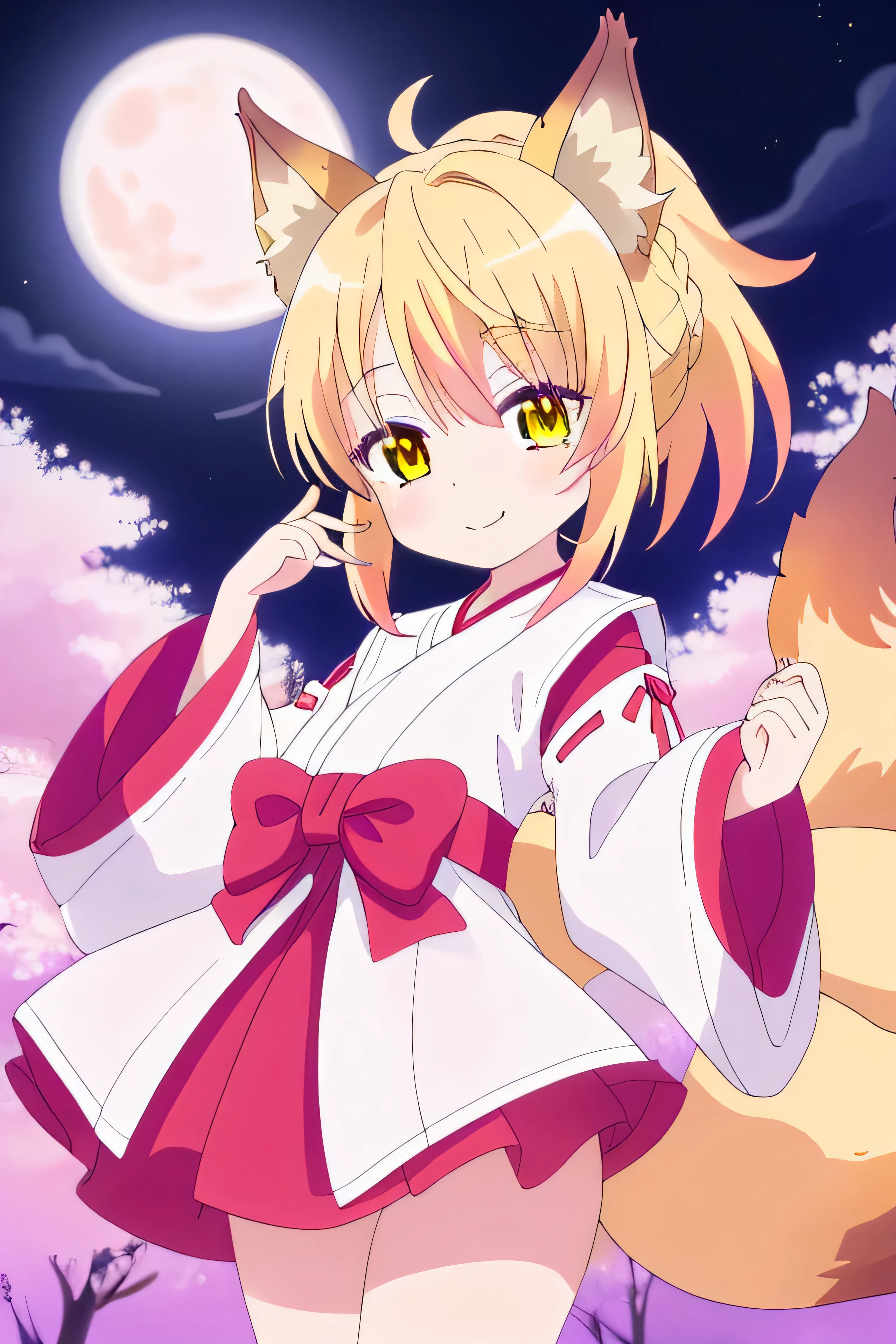 una chica kizuna muy kawaii con piel color crema, Yellow hair color and wearing a keikogi with fox ears and multiple tails with her mouth closed but with a smile on her lips on a very beautiful night with the full moon