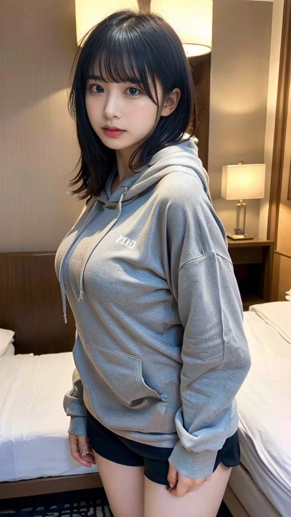 muste piece, best quality, illustration, Super detailed, fine details, High resolution, 8K,wall paper, perfect dynamic composition,(Details High quality, realistic depiction of eyes:1.3), (Oversized Light Gray Hoodie:1.2), Erotic Shorts, big breasts, short bob hair、black hair color, Big Natural Color Lip, bold sexy pose, (perfect body shape), crying a little、cold gaze, Harajuku style、20 year old girl、cute type、lolita、beautiful legs, hotel room, gravure idol